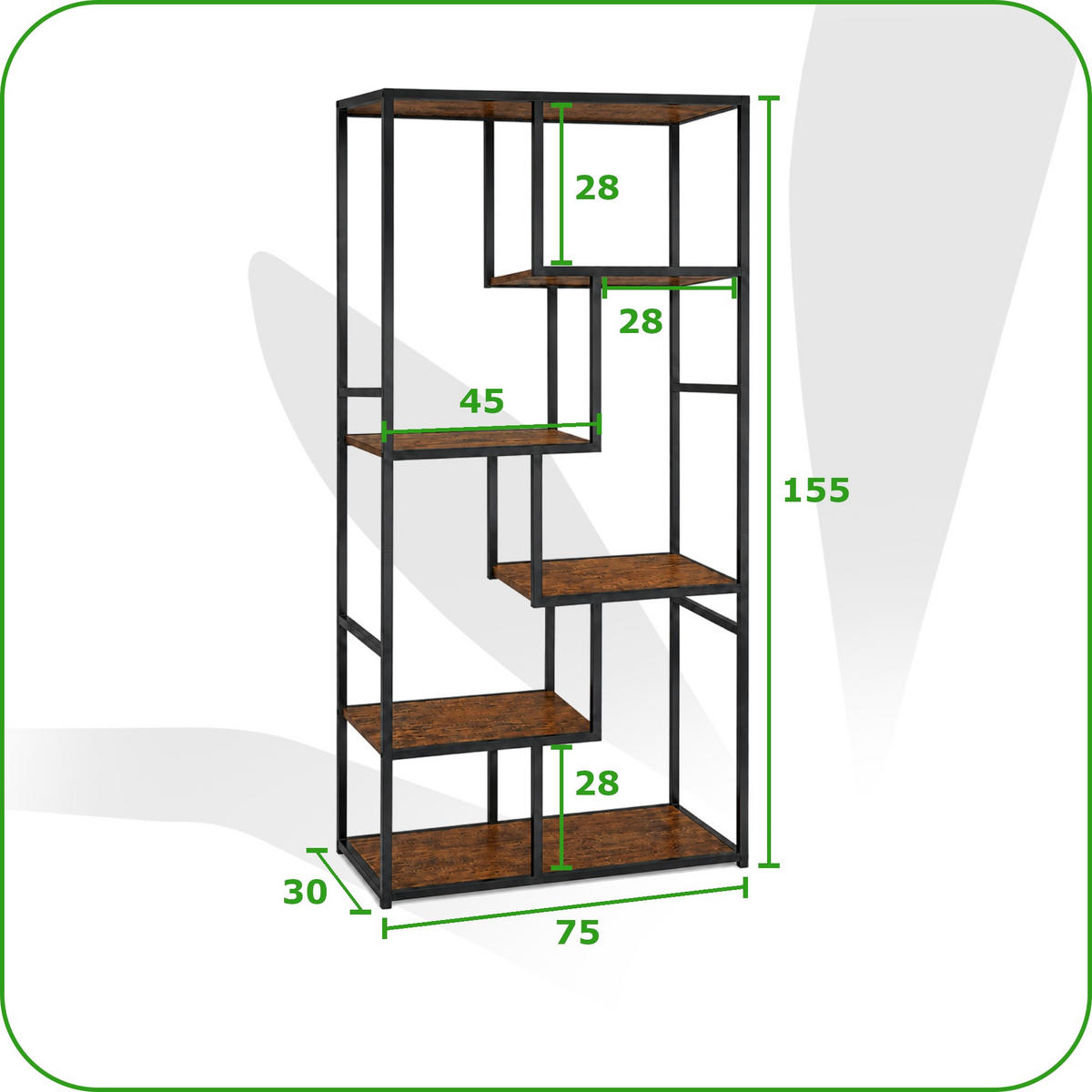 REGAL Holzoptik Metall Dunkelbraun Schwarz asymmetrisch 75x30x155 cm - Dunkelbraun/Schwarz, Holzwerkstoff/Metall (75/155/30cm) - Begryf