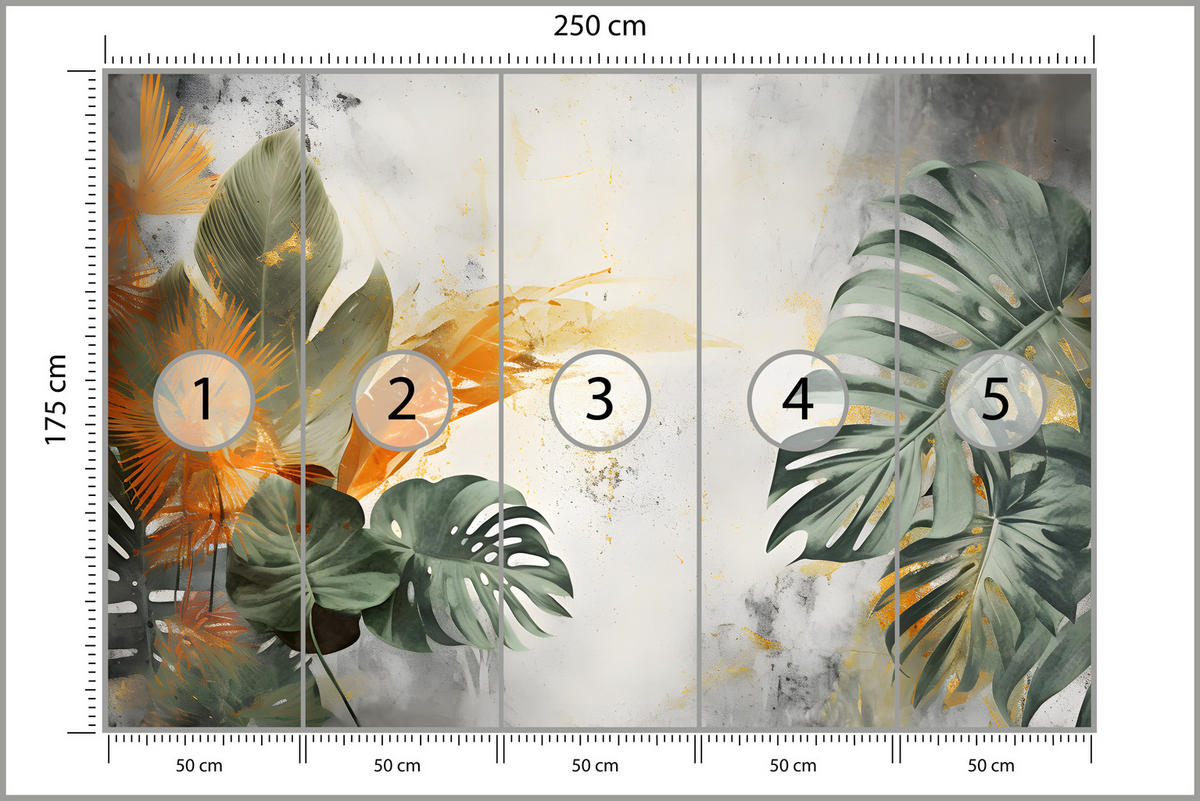 FOTOTAPETE für Schlafzimmer Tropen Monstera Beton Natur Blätter 250x175 - Beige/Orange, Papier (250/175cm) - Muralo