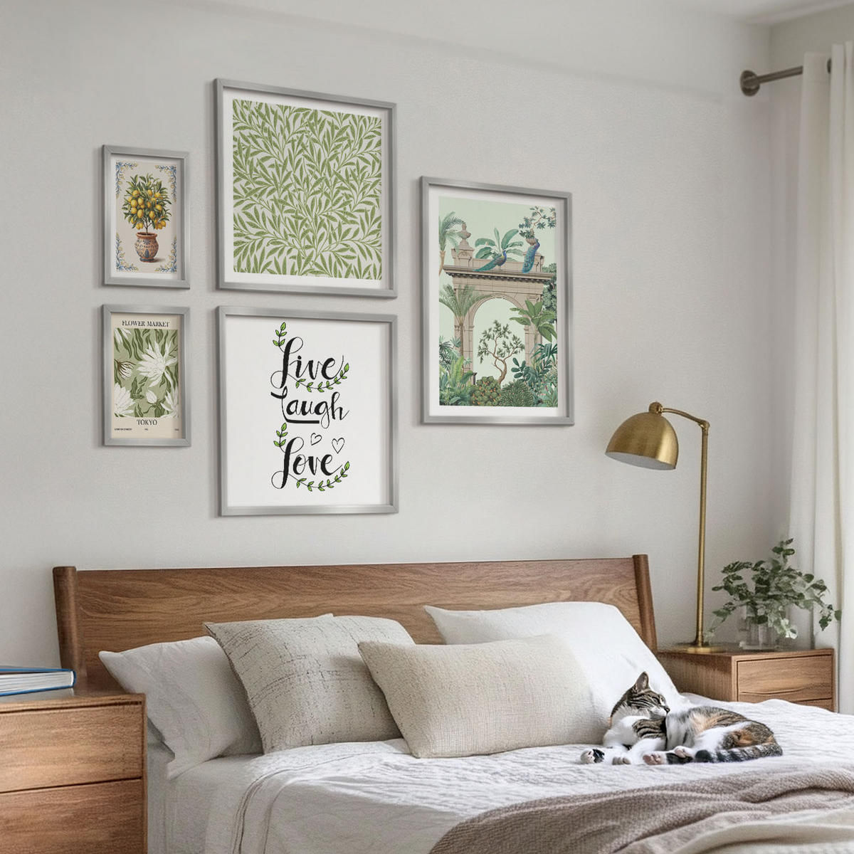 WANDBILDER 5er Set - 50x50 cm & 20x30 cm & 40x60 cm Silberner Rahmen - Grüne Blätter exotischer Pflanzen - Silberfarben, Kunststoff (40/60cm) - ArtPrintCave