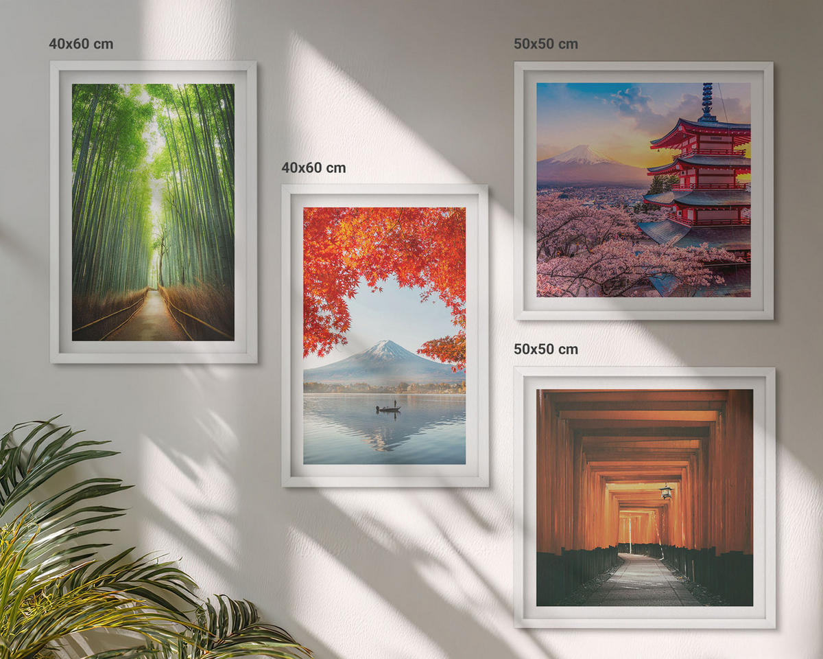 WANDBILDER 4er-Set - 50x50 cm & 40x60 cm Weißer Rahmen - Fuji-Torii-Bambuswald, Japan - Weiß, Kunststoff (50/50cm) - ArtPrintCave
