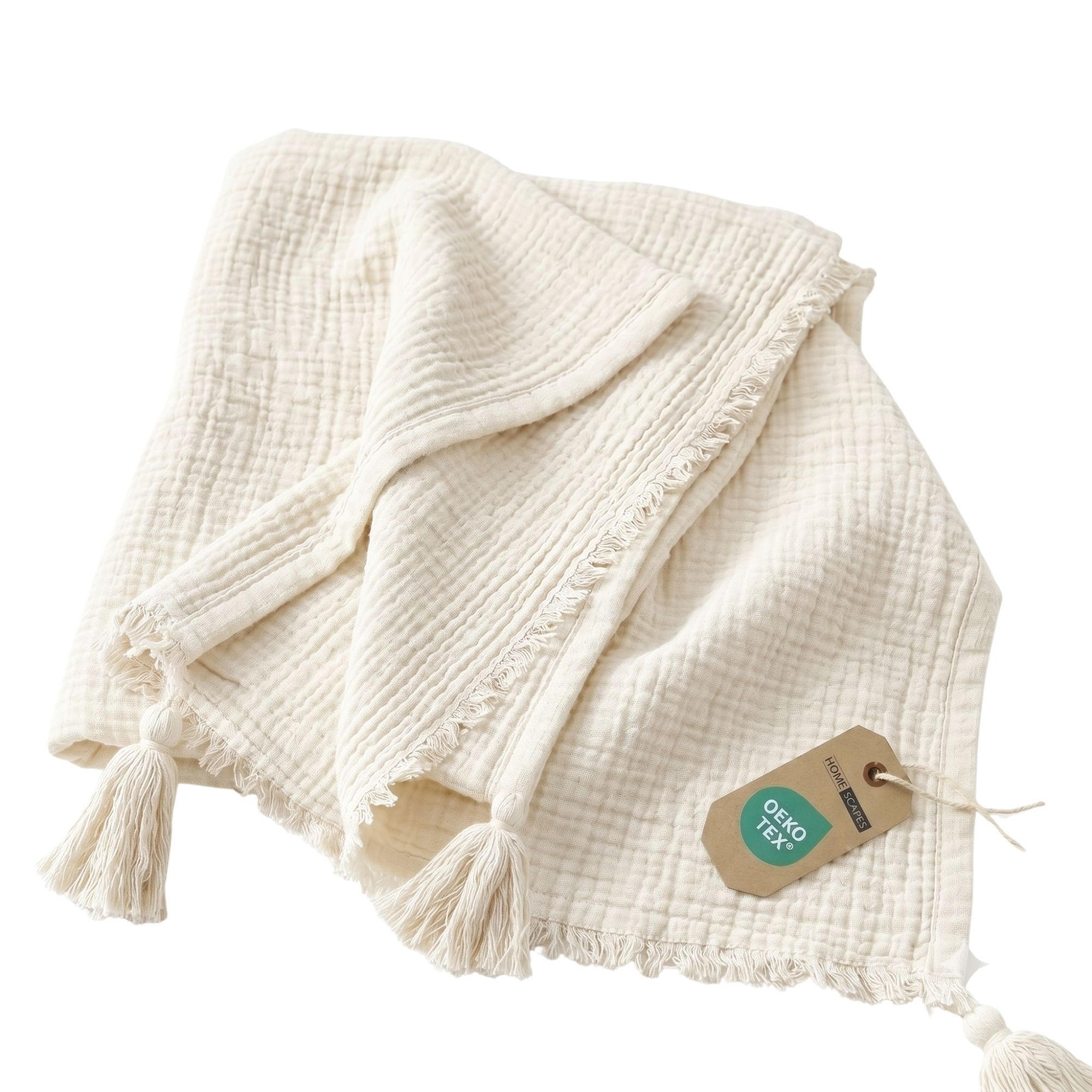 WOHNDECKE Musselin offwhite mit Quasten - Creme, Textil (127/180cm) - Homescapes