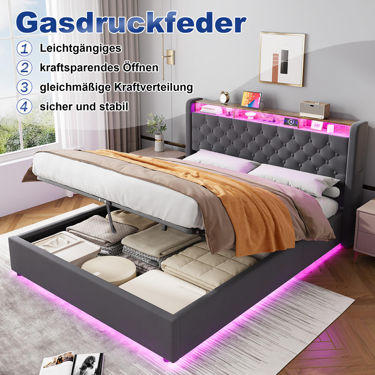 POLSTERBETT 160/200 cm in Dunkelgrau Samt mit Bettkasten, LED-Beleuchtung und USB-Anschluss - Dunkelgrau, Holzwerkstoff/Textil (160/200cm) - CHICFURN