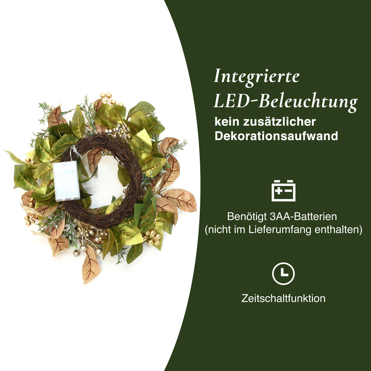 40CM Weihnachtskranz mit LED & Timer, Goldblätter & Beeren - Grün, Kunststoff (45cm) - Hometopia