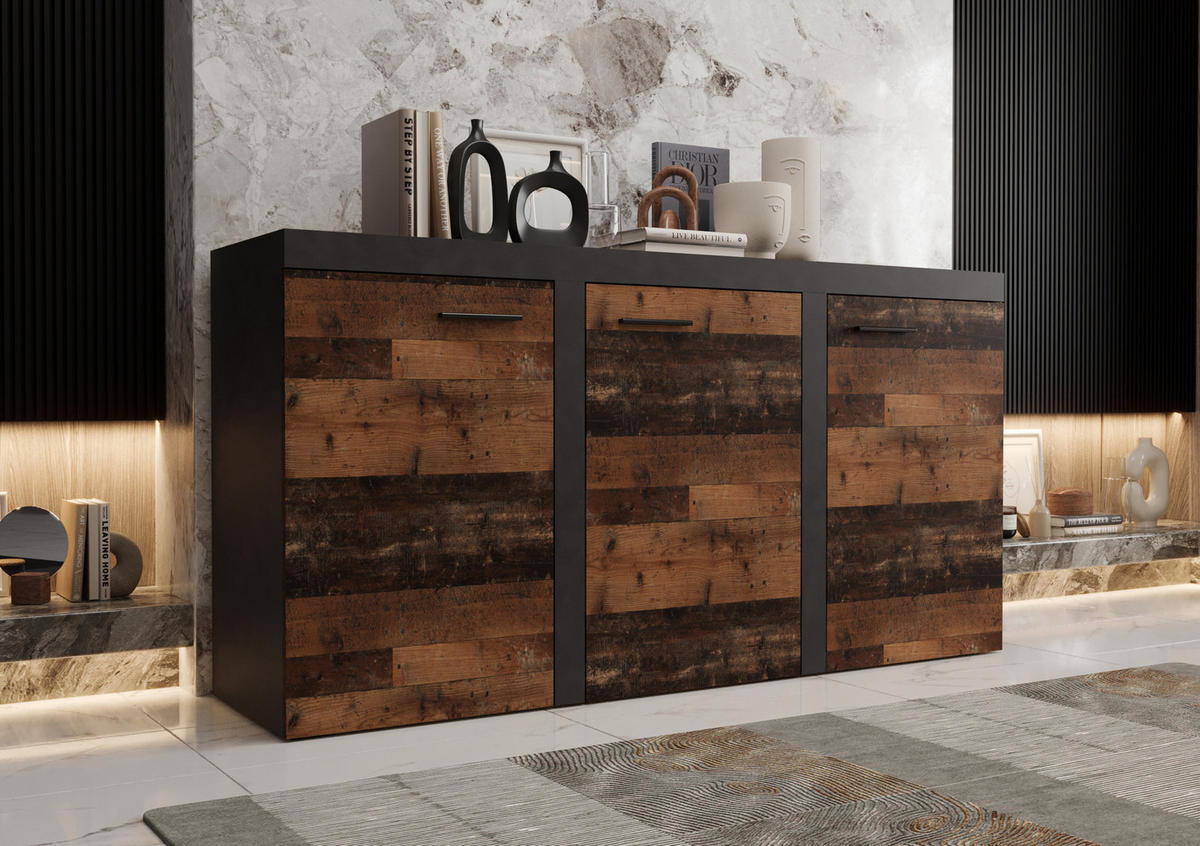 KOMMODE London LRXK mit 3 Türen, Sideboard in Farbe: Dunkelbraun|Schwarz, Größe: 149 x 82 x 40 cm - Dunkelbraun/Schwarz, Holzwerkstoff (149/82/40cm) - O-Sofa