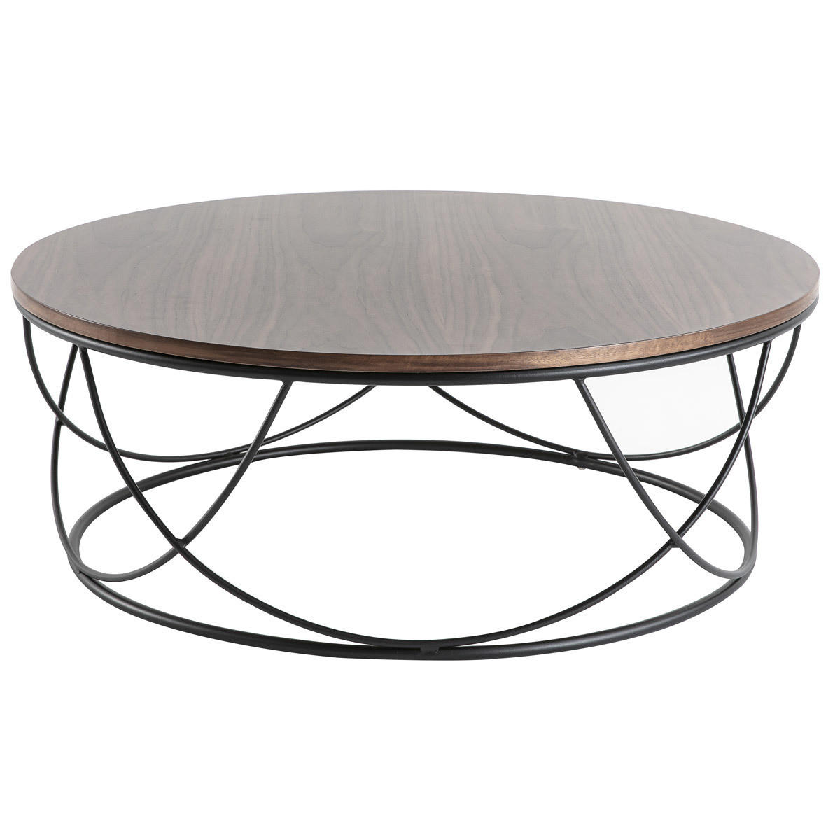 COUCHTISCH Dunkles Holz Metall Schwarz Rund 80 cm LACE - Walnussfarben, Holz (80/80/30cm) - Miliboo