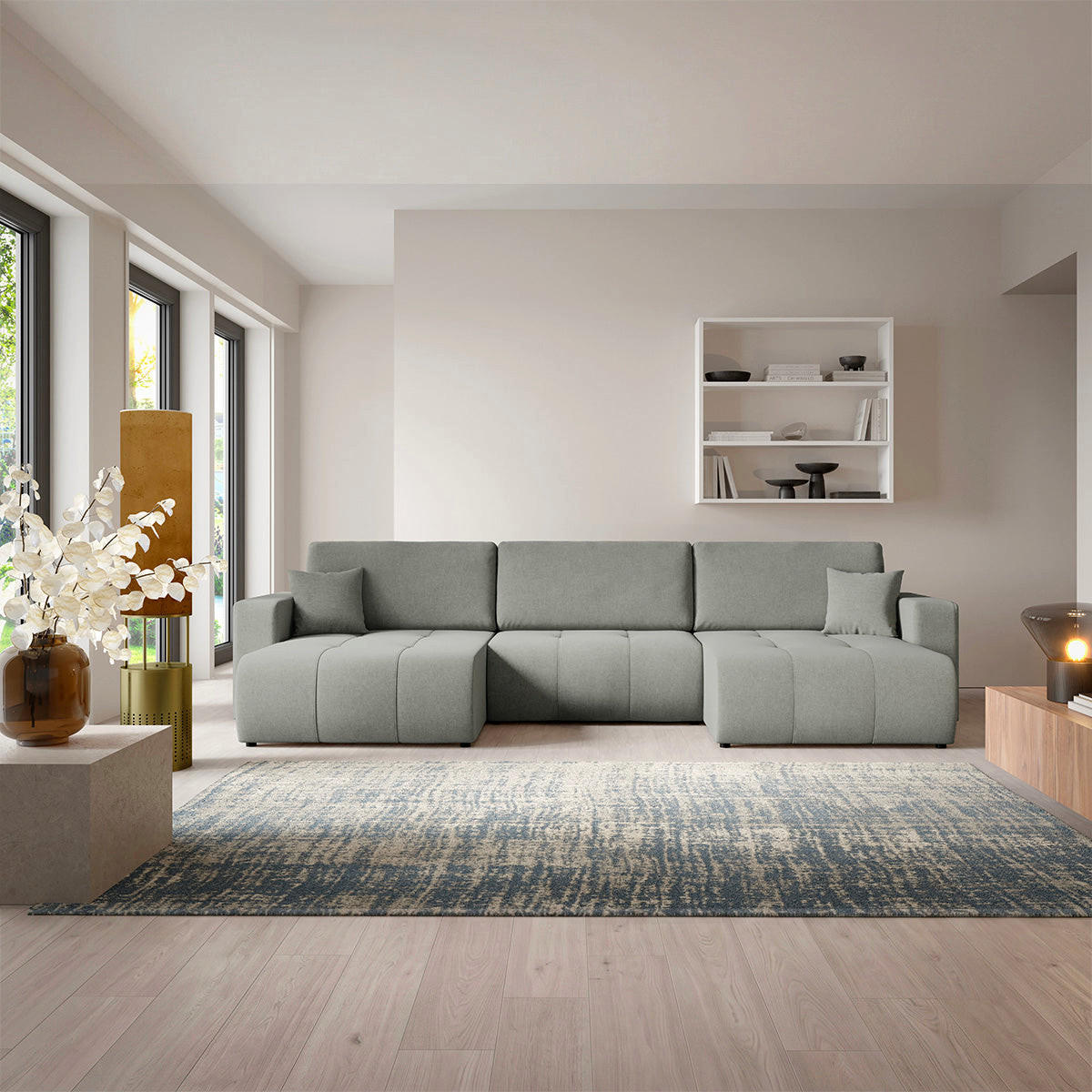 PANORAMASOFA Giulia 5 Sitzplätze Grau - Grau, Holz (344/82/149cm) - Petits-meubles