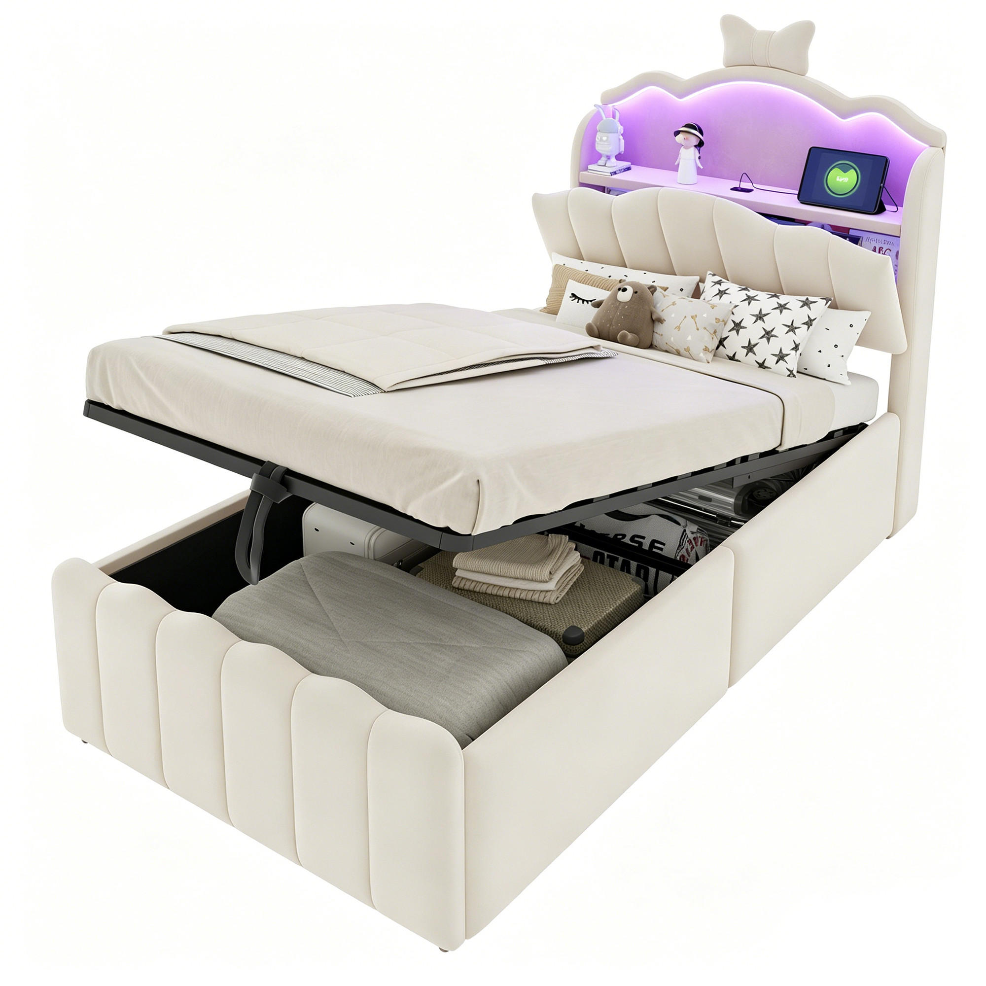 POLSTERBETT Beige aus Textil 90×200cm mit hydraulischem Stauraum, Samtbezug, LED-Kopfteil mit Farbwechsel und USB-Anschlüssen - Beige, Textil (90/200cm) - Luhomfu