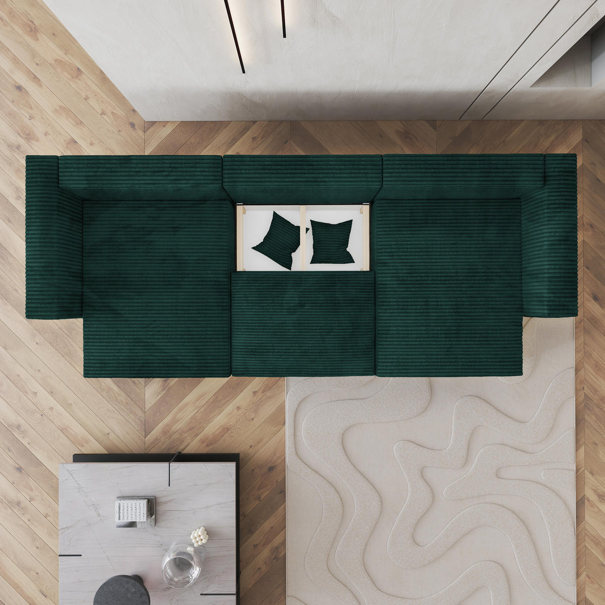 WOHNLANDSCHAFT SARMO Grün Kordstoff mit Schlaffunktion - Grün, Holz (347/90/148cm) - MASSENO