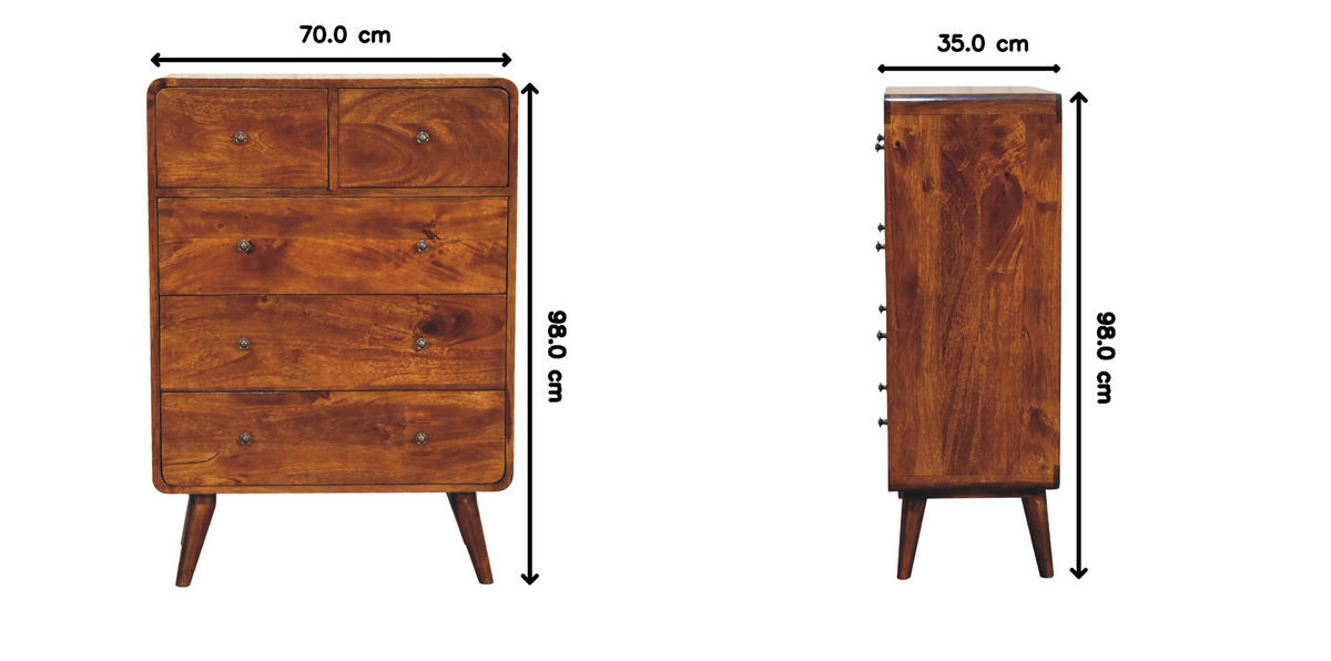 KOMMODE Stella, 2 über 3 Schubladen, Nordische Beine, Braun - Messingfarben/Braun, Holz/Metall (70/98/35cm) - Artisan Furniture