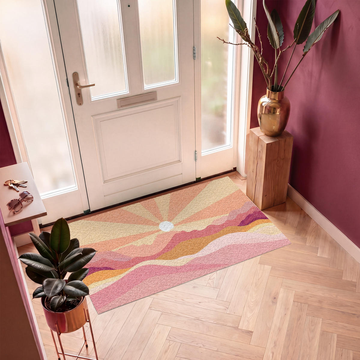 FUSSMATTE Berge - Abstrakt - Sonnenstrahlen - Rosa Sauberlaufmatte 150x90 cm - Rosa, Kunststoff (150/90cm) - MuchoWow