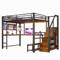HOCHBETT Metall & MDF 140x200 cm Schwarz mit Schreibtisch, Stauraum, LED und USB/USB-C - Schwarz, Holzwerkstoff (140/200cm) - Modfu