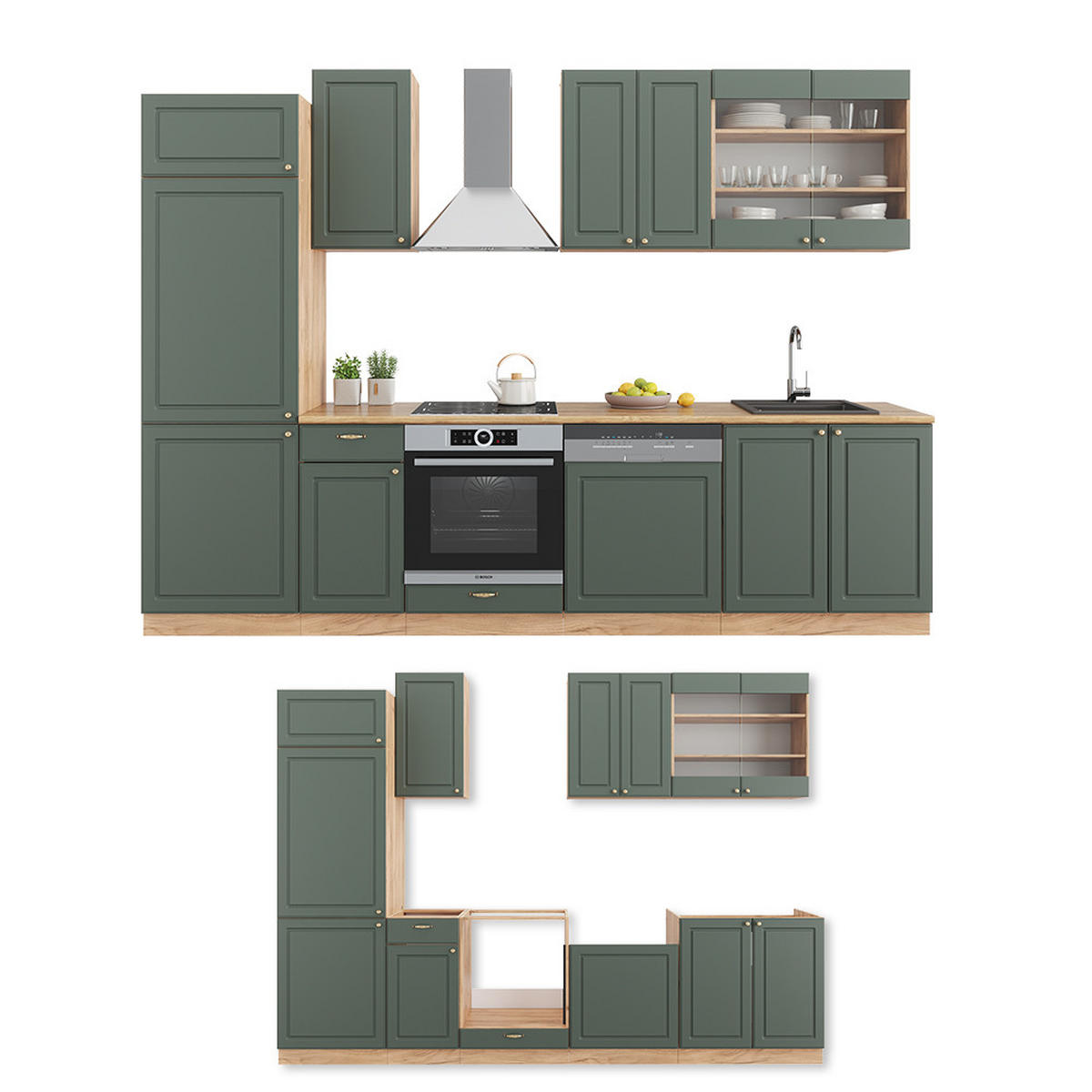KÜCHENZEILE Fame-Line Grün-Gold Landhaus/Goldkraft Eiche 300 cm ohne AP - Eiche Wotan/Grün, Holzwerkstoff (300/81.6/46cm) - Vicco