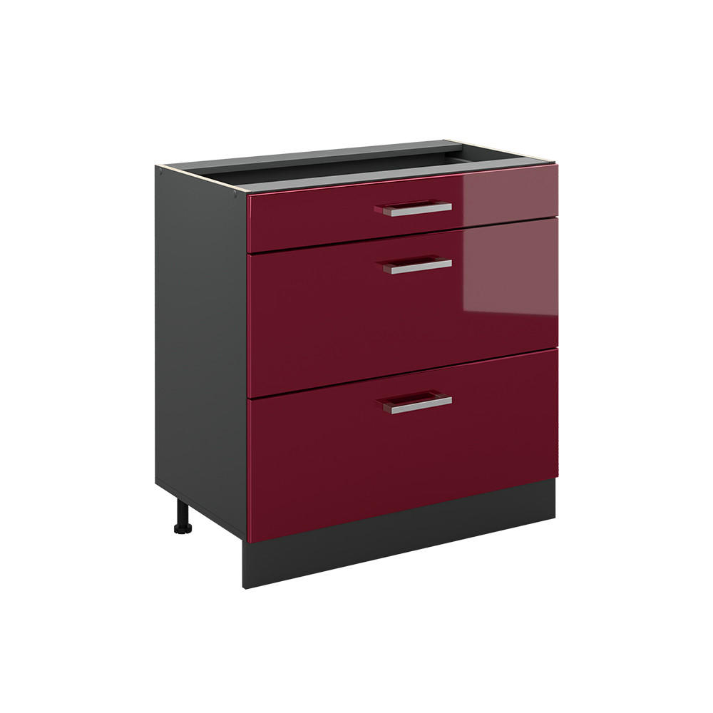 KÜCHENUNTERSCHRANK R-Line, Rot Hochglanz/Anthrazit, 80 cm mit 3 Schubladen ohne Arbeitsplatte - Anthrazit/Rot, Holzwerkstoff (80/81.6/46cm) - Vicco