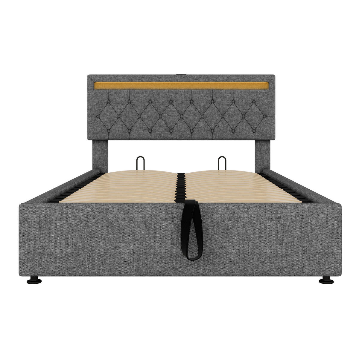 POLSTERBETT 140/200 cm Grau mit hydraulischer Hebevorrichtung und LED-Beleuchtung - Grau, Textil (140/200cm) - OKWISH