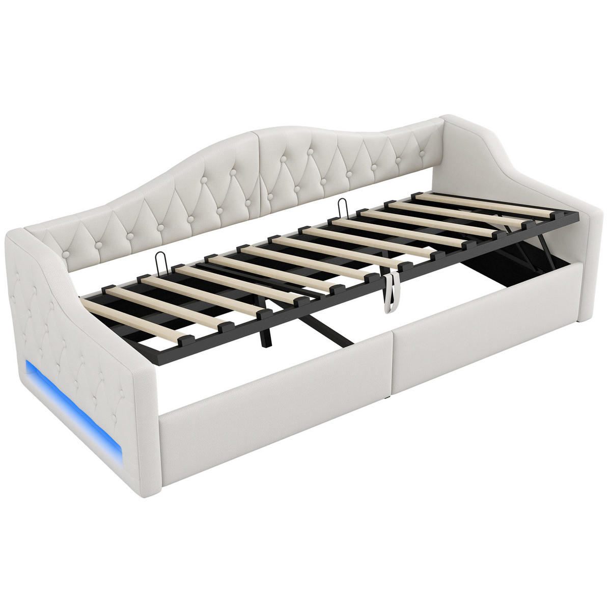 POLSTERBETT aus MDF und Sperrholz 90x200 cm Beige mit LED-Beleuchtung, Stauraum und Leinenpolsterung - Beige, Holzwerkstoff (90/200cm) - Modfu
