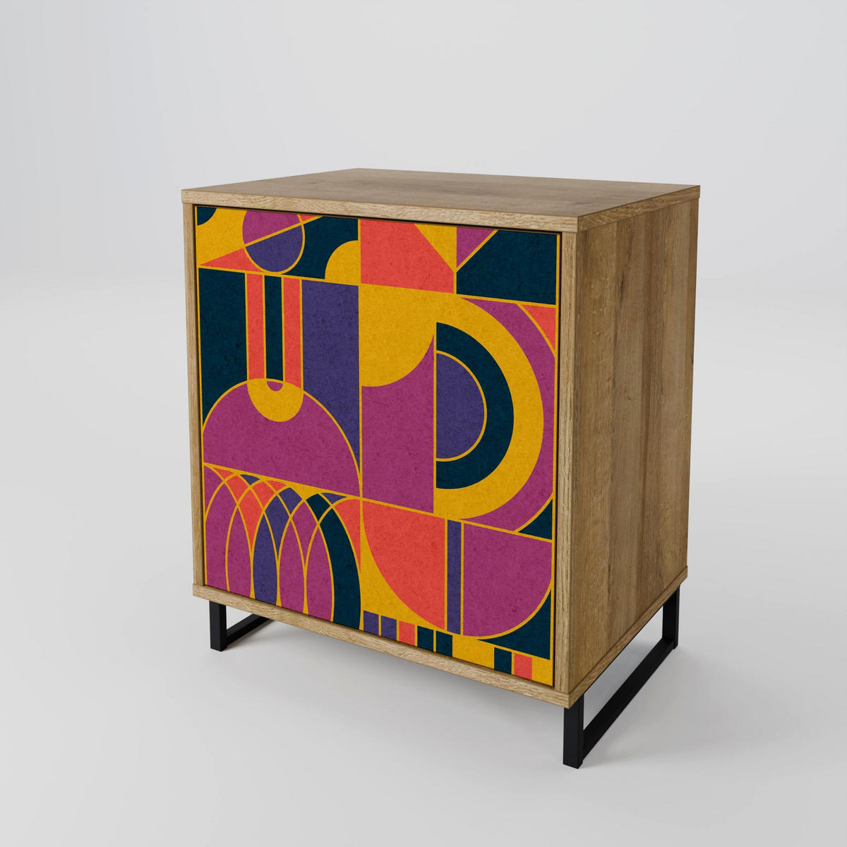 SIDEBOARD ELECTRIC PATTERNS, Eichefarben, 57,5x42x70,5 cm, Schwarze Metall-Sternfüße - Eichefarben/Multicolor, Holzwerkstoff/Metall (57.5/70.5/42cm) - SpaceRebels