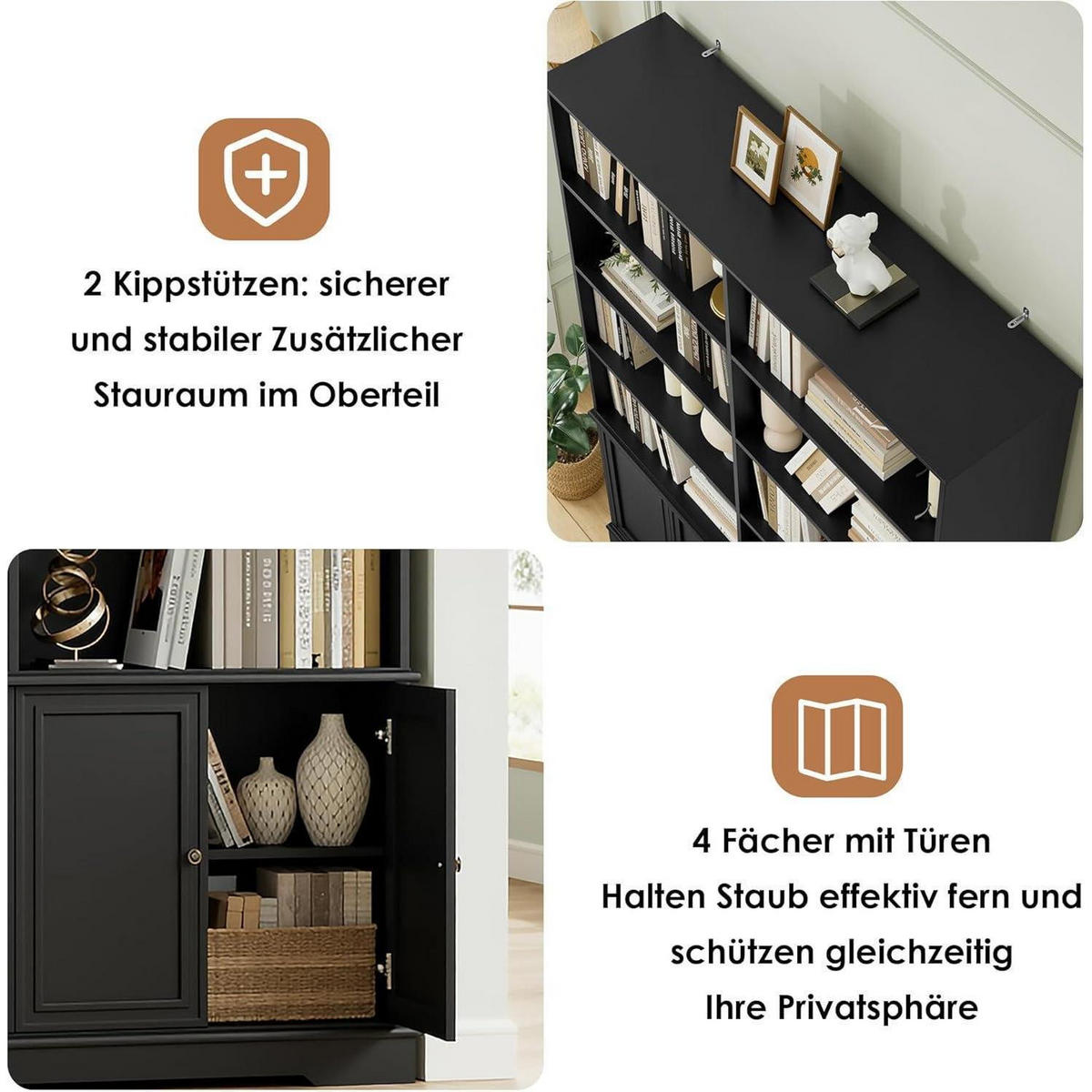 BÜCHERREGAL mit Türen Schwarz 185 x 27 x 120 cm - Schwarz, Holzwerkstoff (120/185/27cm)