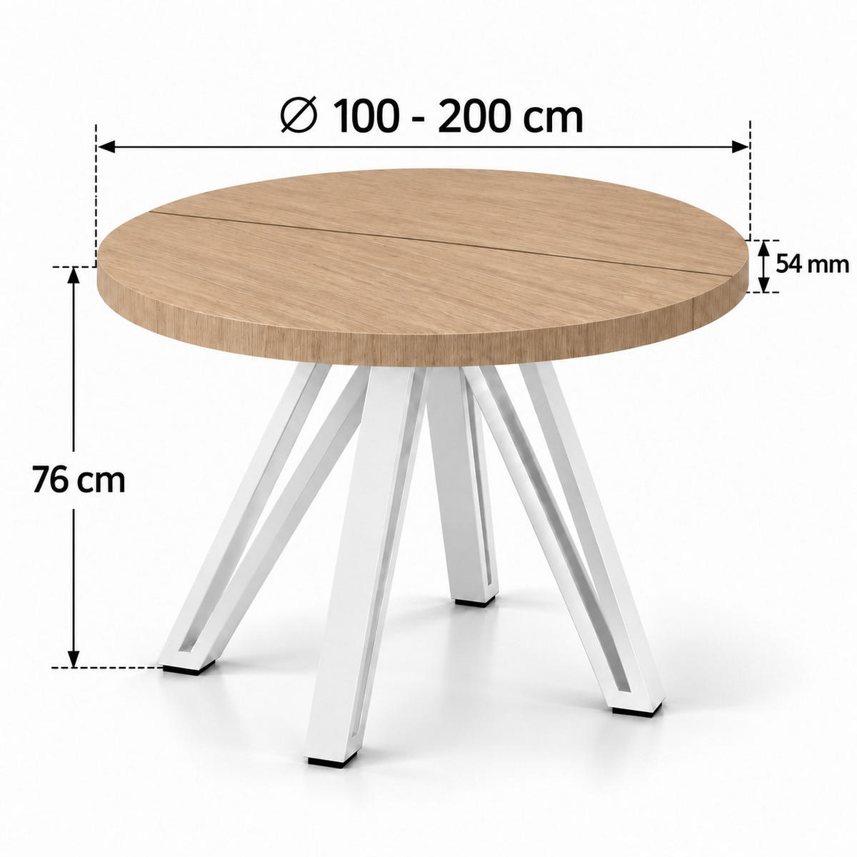 ESSTISCH rund ausziehbar 100/200/76 cm, Hellbraun Eiche Hikora Egger Natur, 54 cm Tischplatte + Industrial Metallgestell Weiß - Hellbraun/Eichefarben, Holzwerkstoff/Metall (100/200/76cm) - Damale Möbel