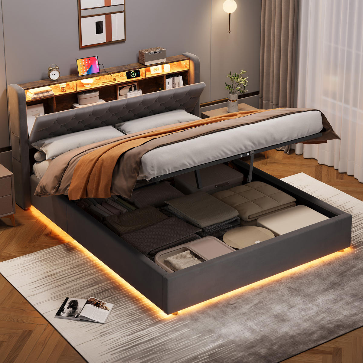 POLSTERBETT 160/200 cm in Dunkelgrau Samt mit Bettkasten, LED-Beleuchtung und USB-Anschluss - Dunkelgrau, Holzwerkstoff/Textil (160/200cm) - CHICFURN