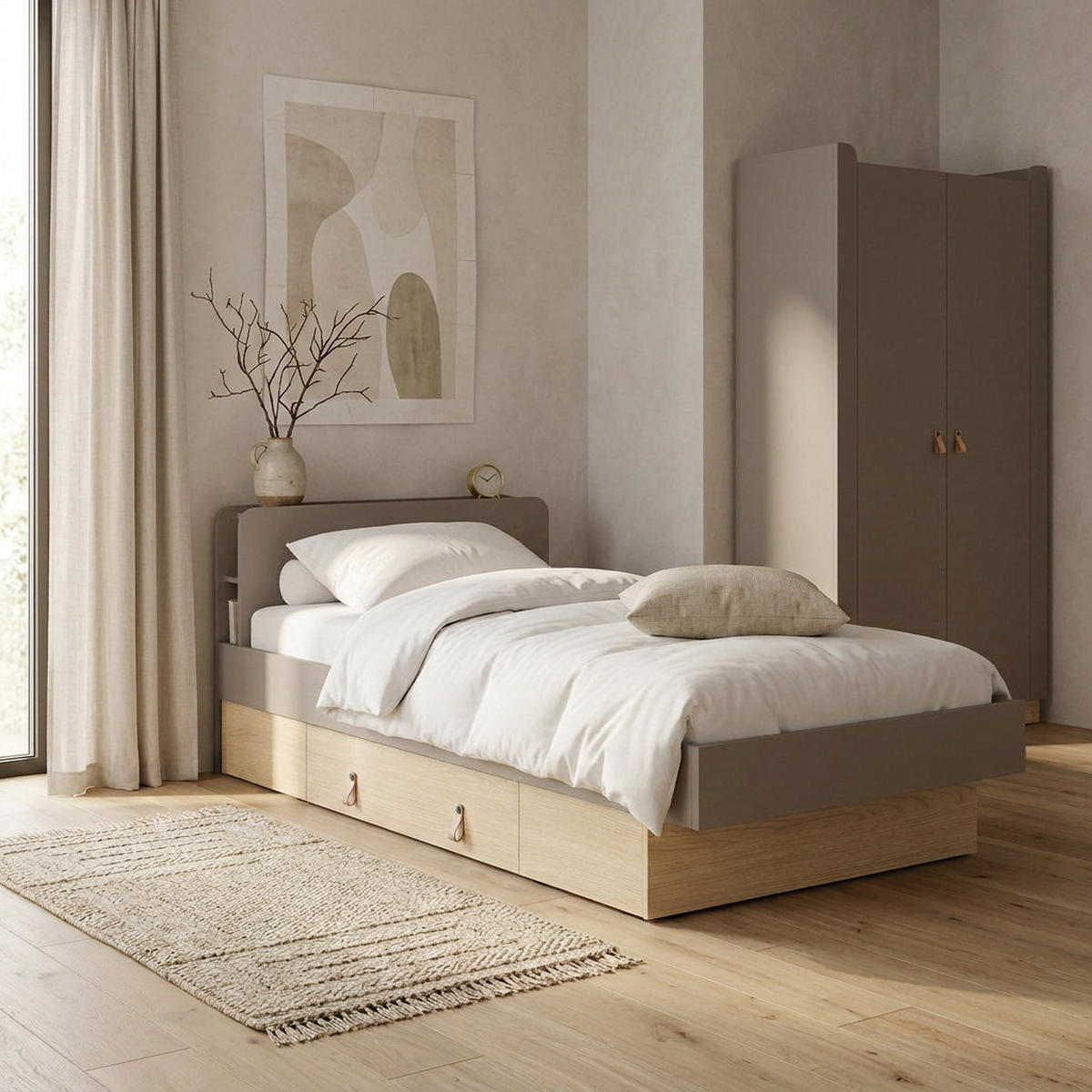 BETT Sorella 90x200 cm mit Lattenrost und Bettkasten-Schublade, ohne Matratze, Porcini + Eiche Mavelie - Eichefarben/Cappuccino, Leder/Holzwerkstoff (90/200cm) - Beautysofa