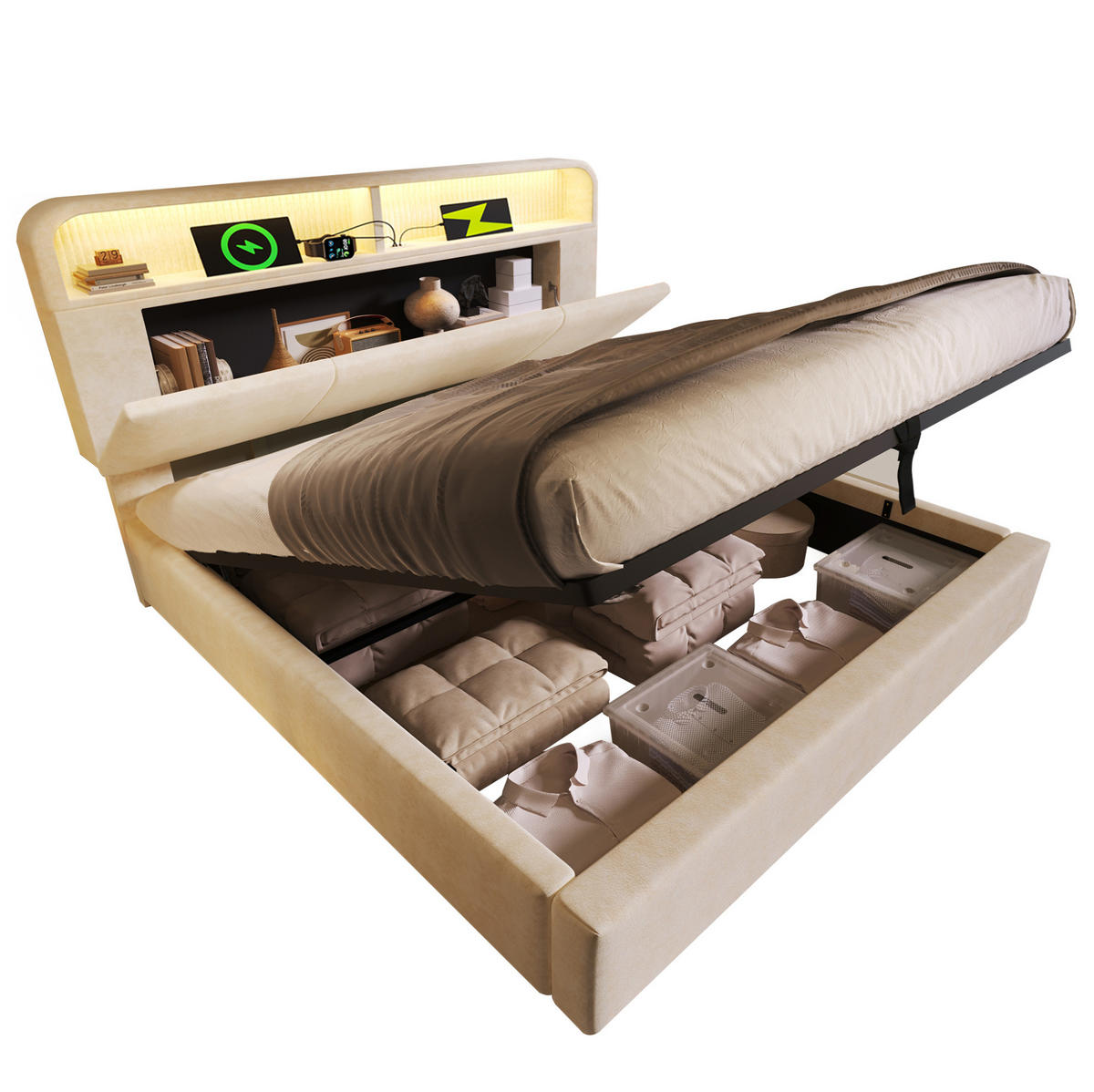 BETT mit Stauraum 140x200 cm Samt Beige inkl. Matratze - Beige, Metall (140/200cm) - Meubliv