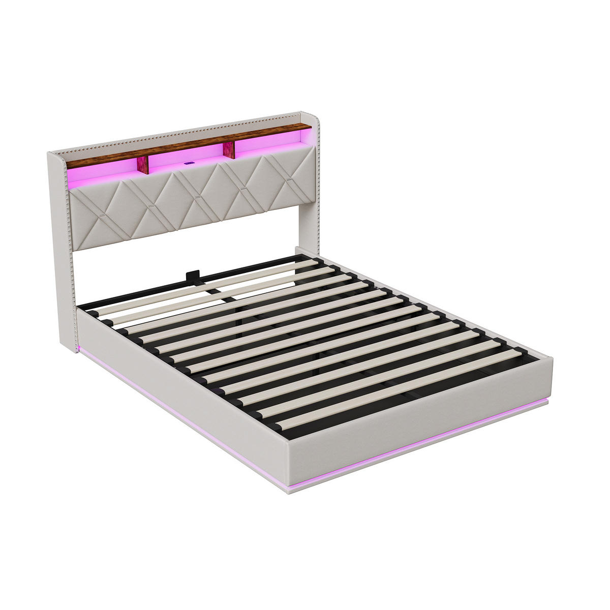 POLSTERBETT 160/200 cm Beige mit hydraulischem Stauraum, LED mit Ablage und USB - Beige, Metall (160/200cm) - EuroLiving