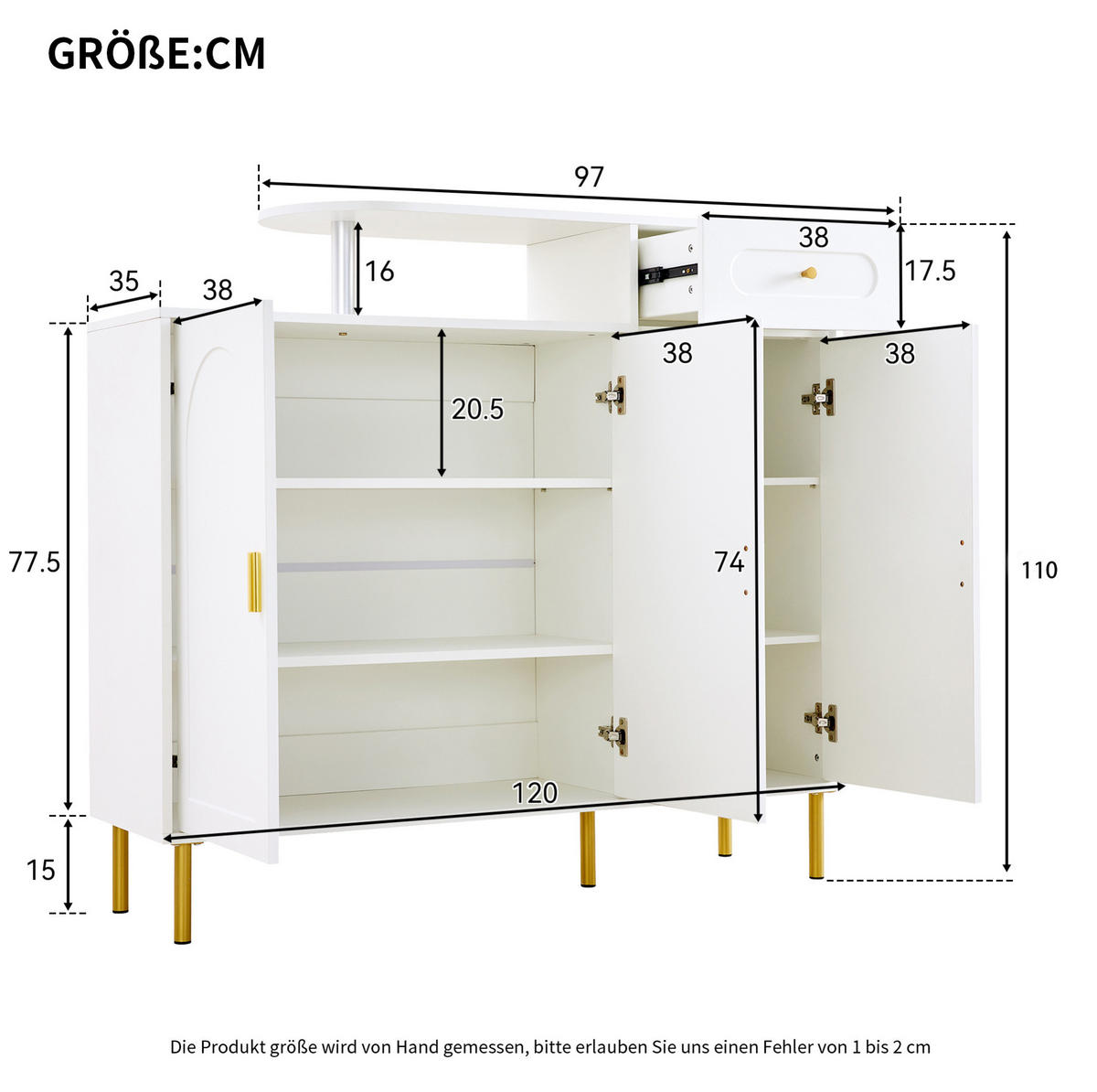 SCHUHSCHRANK aus Spanplatte 120x35x92cm in Weiß mit 1 Schublade & 3 Türen - Weiß, Holzwerkstoff (35/92/120cm) - Modfu