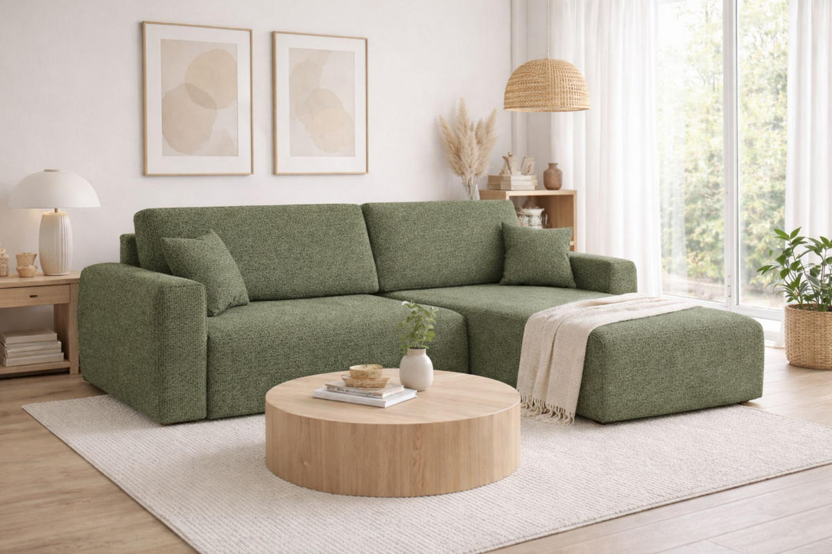 ECKSOFA Mit Schlaffunktion Ariel L, Chenille, Stoff Artico, Moss, Rechts - Hellgrün, Holz (250/142cm) - Kaiser Möbel