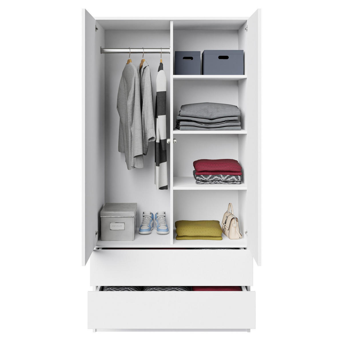 DREHTÜRENSCHRANK Look mit 2 Türen und Schubladen, 90 cm, Weiß - Weiß, Holzwerkstoff (90/180/50cm) - Beautysofa