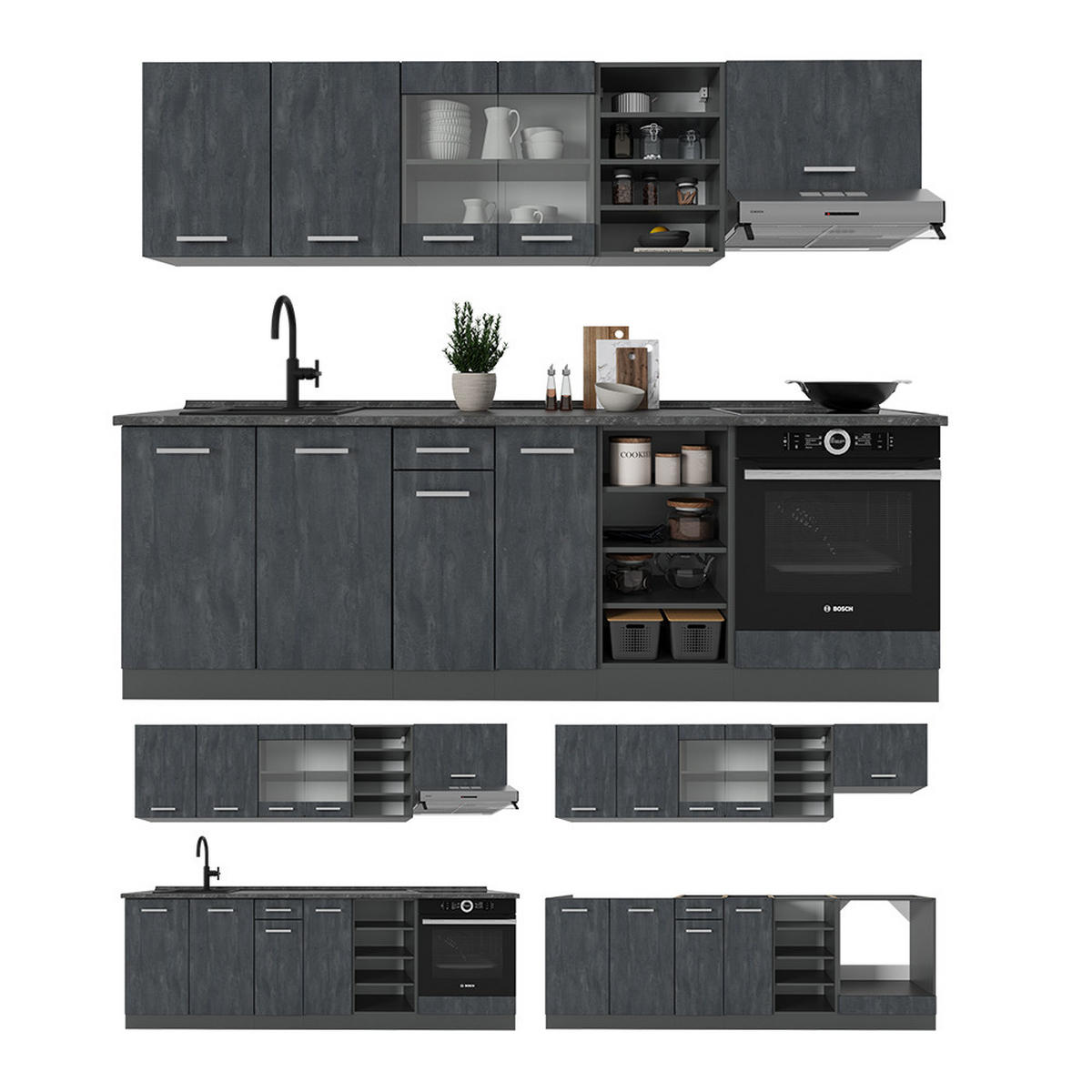 KÜCHENZEILE R-Line Schwarz Beton/Anthrazit 240 cm AP Eiche - Anthrazit/Schwarz, Holzwerkstoff (240/81.6/60cm) - Vicco