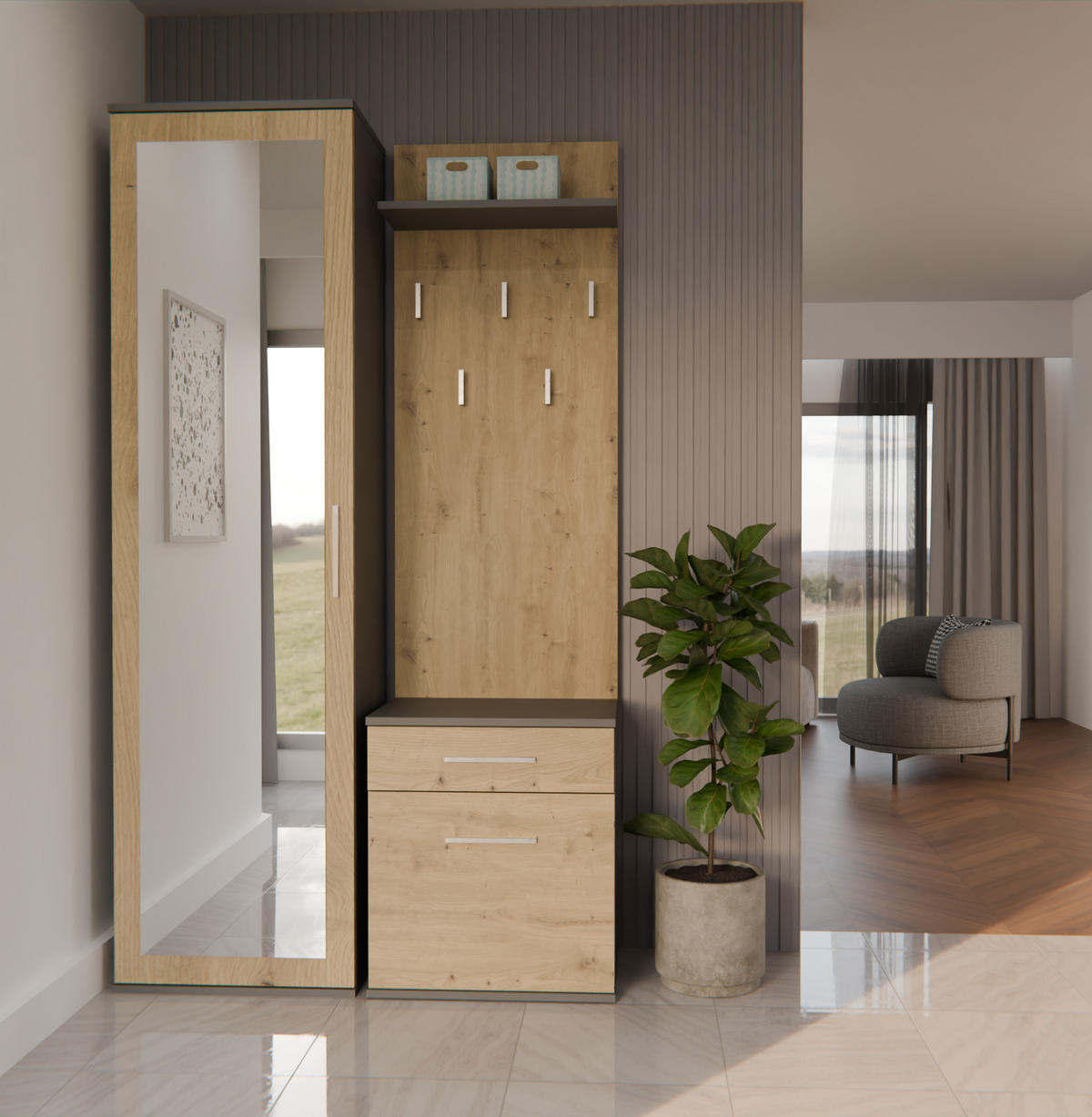 ŠATNÍK moderní se zrcadlem Duo antracit, Artisan 100/180/35 - antracitová, kompozitní dřevo (100/180/35cm) - RAUMHIRSCH FURNITURE