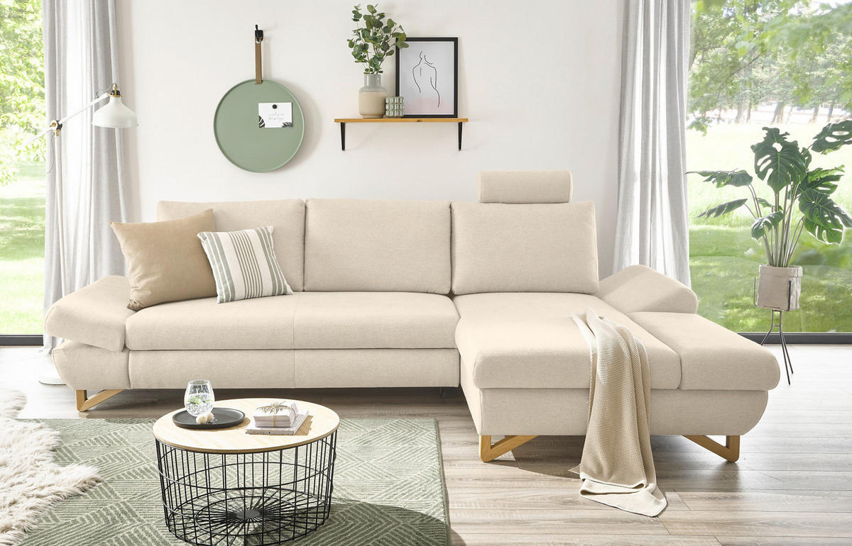 ECKSOFA creme Velours, Wohnzimmer Sofa - Creme, Holz/Textil (284/166cm) - Furn.Design