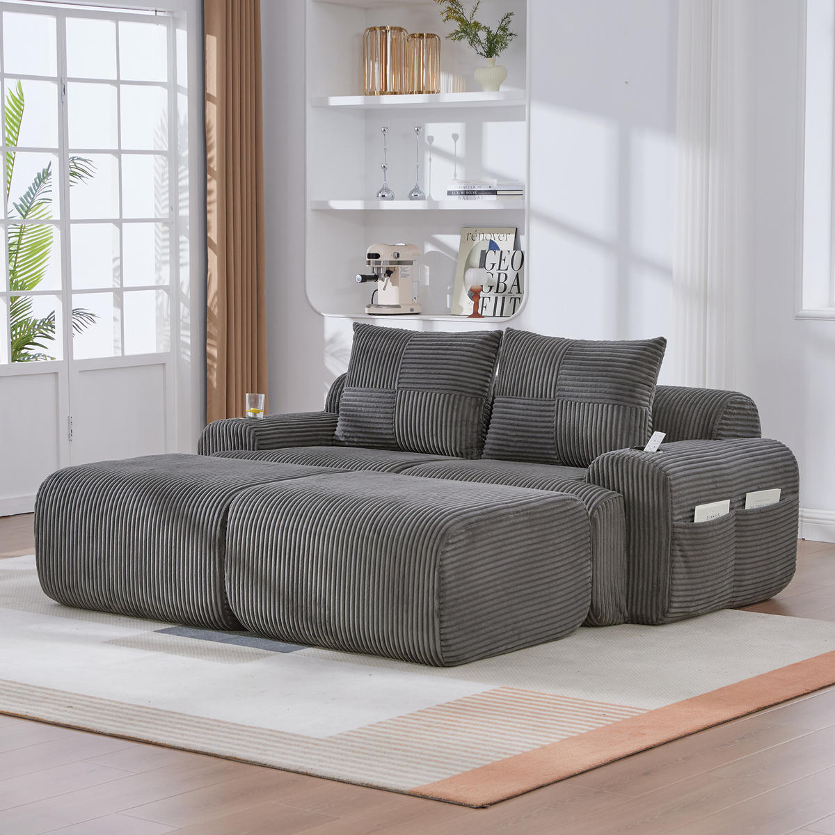 MODULARES 2-Sitzer Sofa Cordstoff mit Getränkehalter und Seitentasche 200/174/80 cm Dunkelgrau - Dunkelgrau, Textil (174/80/200cm) - Redom
