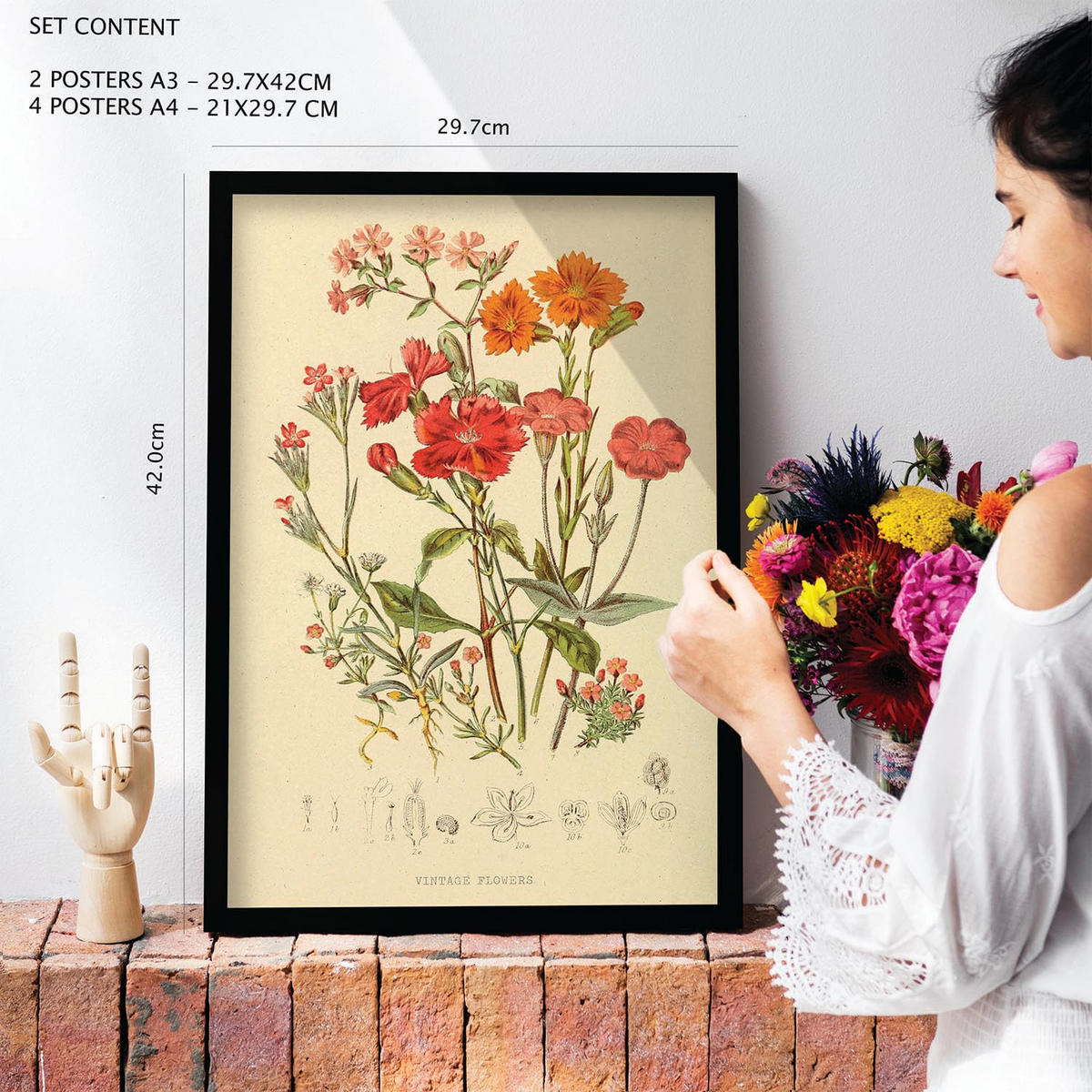 POSTER Set Mit 6 Blumensträuße 2 In Vintage A3 & A4 Weißer Rahmen - Weiß, Papier (29/3cm) - Nacnic