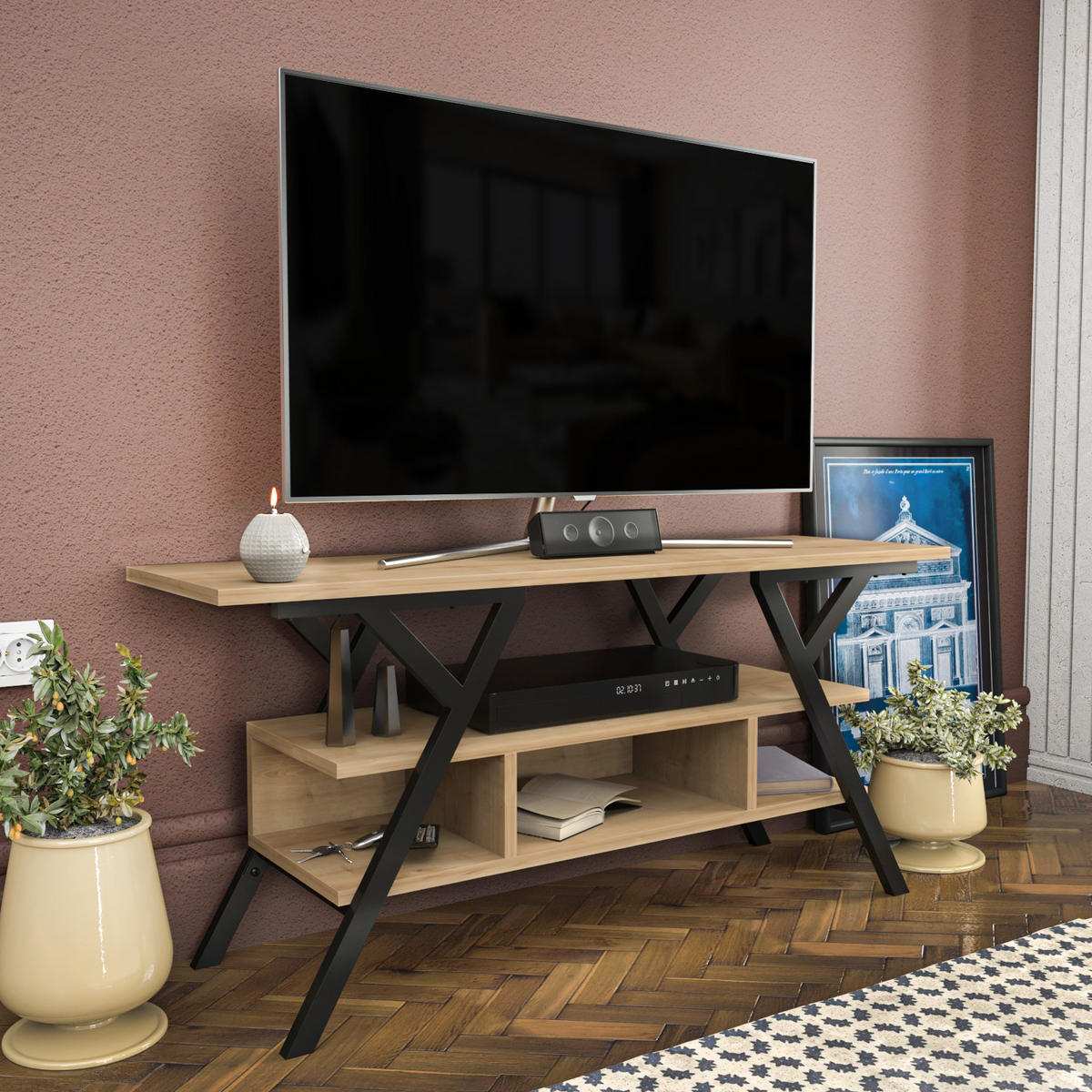 TV Stand Minerva Schwarze Eiche - Eichefarben/Schwarz, Holzwerkstoff (120/55/35cm) - Decorotika