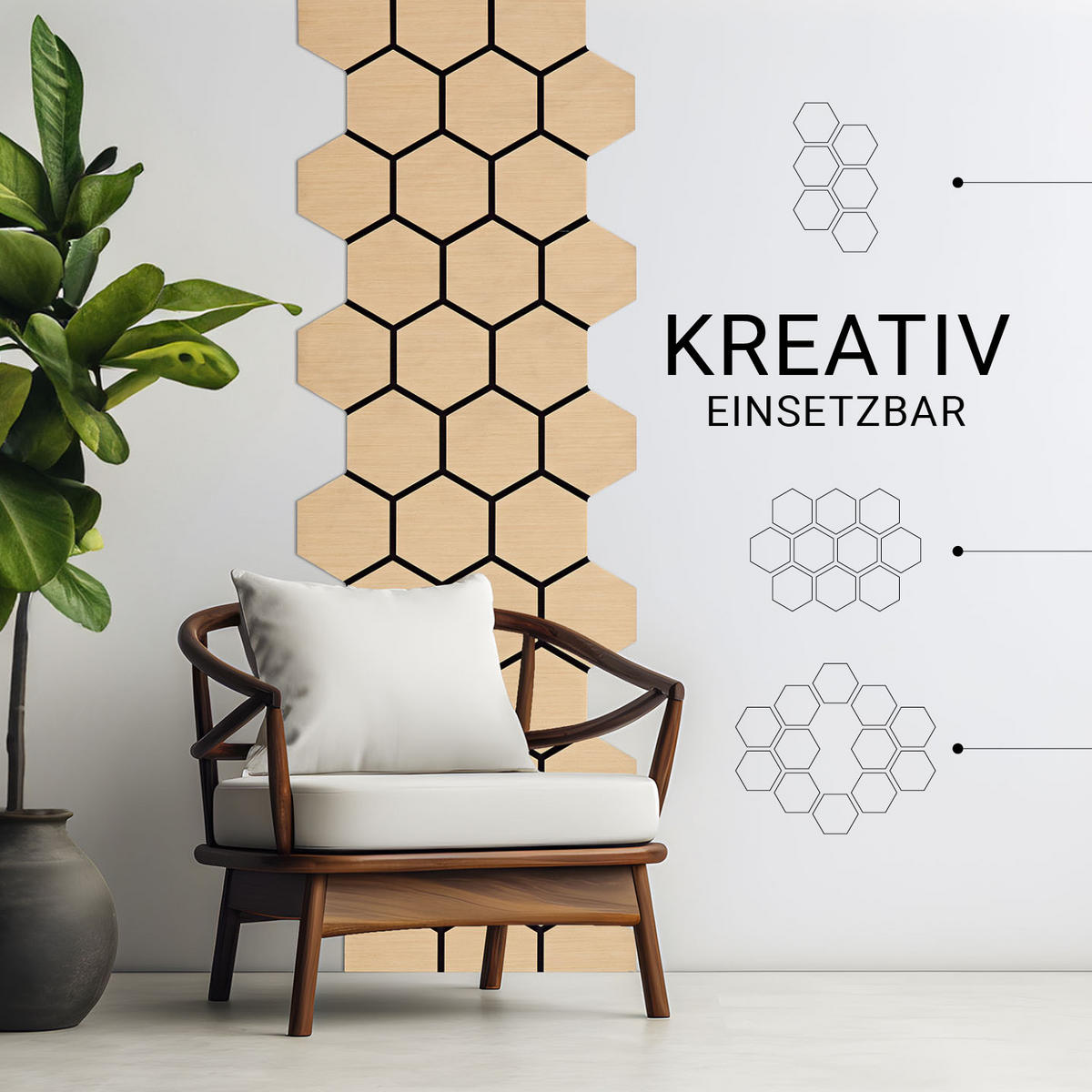 AKUSTIKPANEEL Hexagon Naturfarben 8 Stück - Naturfarben, Holz (62/76/2cm) - Homestyle4u