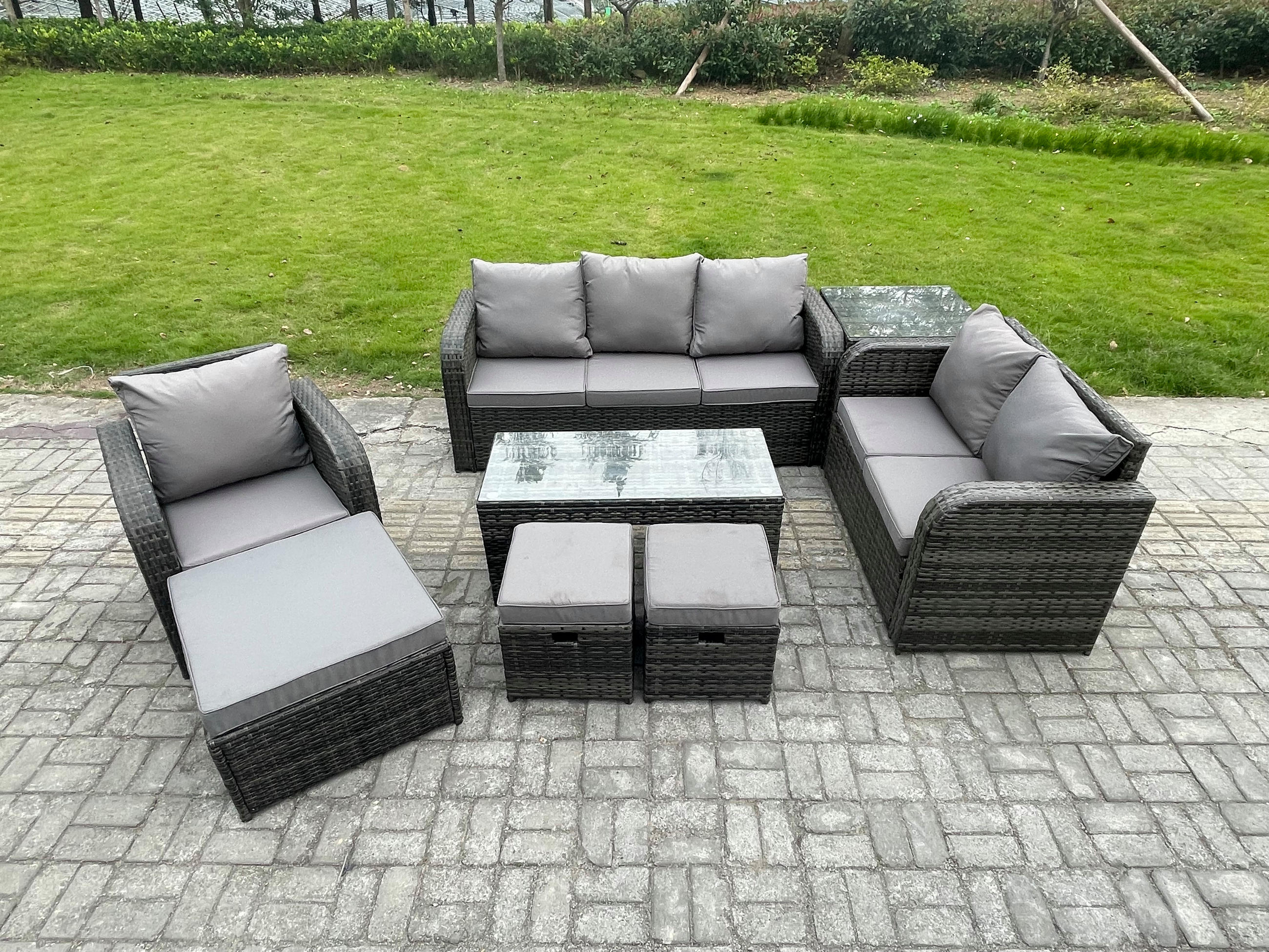 GARTENSOFA SET mit rechteckigem COUCHTISCH Polyrattan 9-Sitzer Dunkelgrau - Dunkelgrau/Grau, Glas/Kunststoff - Fimous