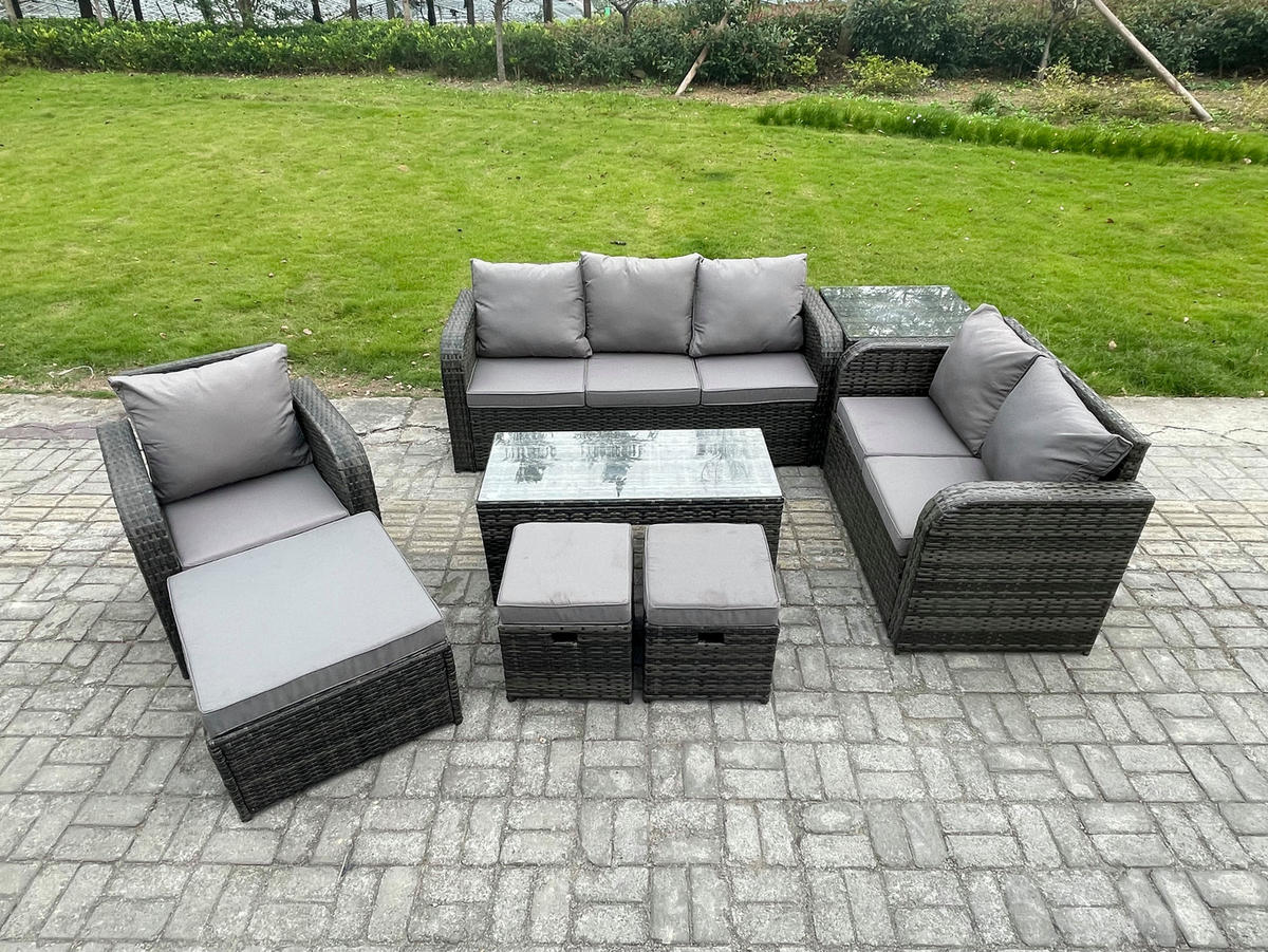 GARTENSOFA SET mit rechteckigem COUCHTISCH Polyrattan 9-Sitzer Dunkelgrau - Dunkelgrau/Grau, Glas/Kunststoff - Fimous