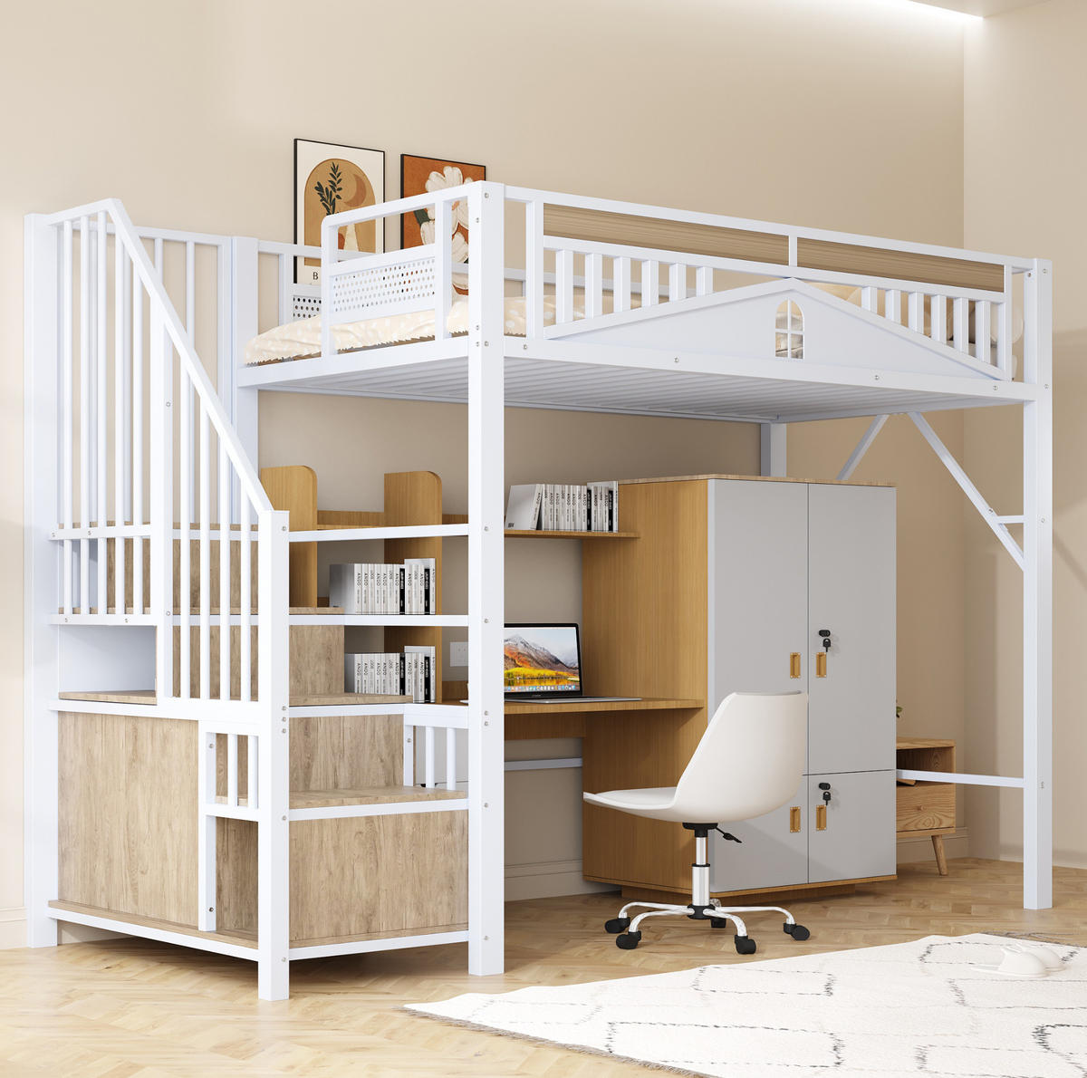 HOCHBETT 90/200 cm, Weiß mit Stauraum und Fensterdesign - Weiß, Metall (90/200cm) - MIVRAY