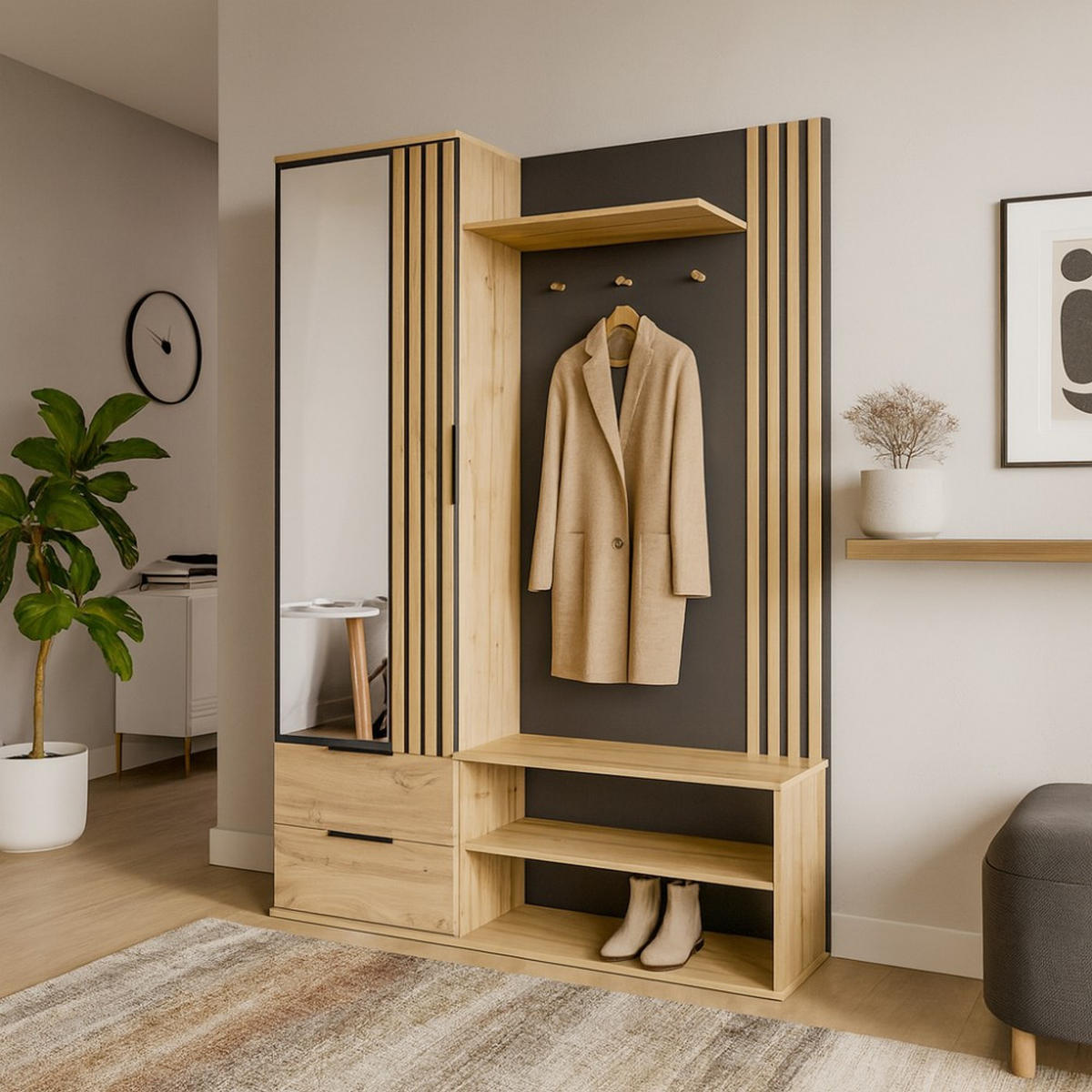 GARDEROBENSCHRANK Luno mit Spiegel und 2 Schubladen, eiche Wotan - Eiche Wotan/Schwarz, Holzwerkstoff (140/200/40cm) - Beautysofa