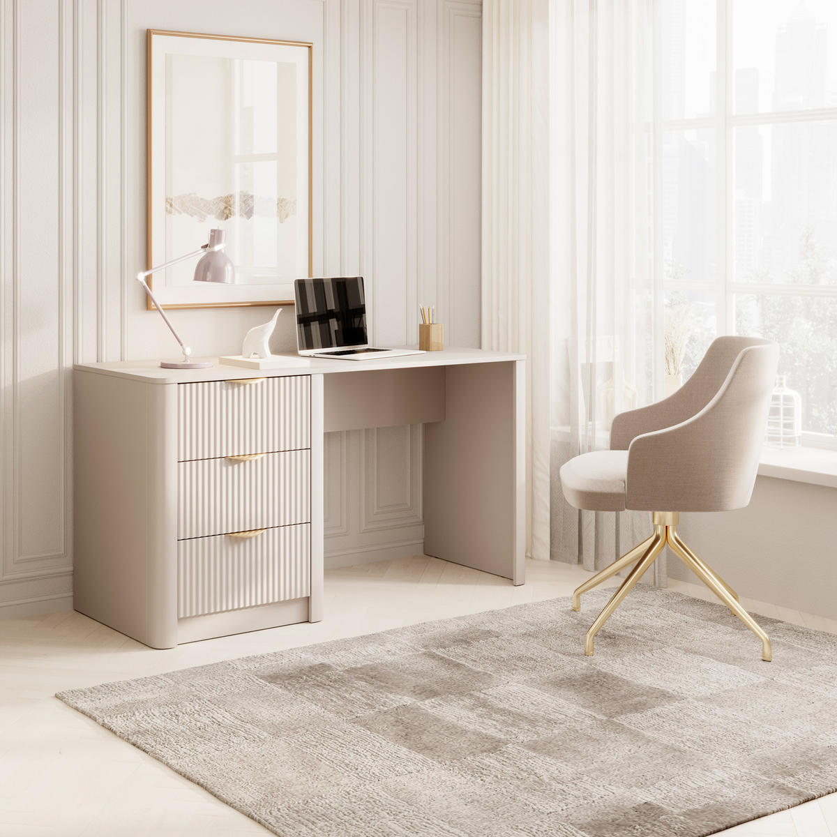SCHREIBTISCH Flore 140 cm Beige / Gold - mit 3 geriffelten Schubladen - Beige/Gelb, Holz/Holzwerkstoff (55/140/76cm) - Ravio