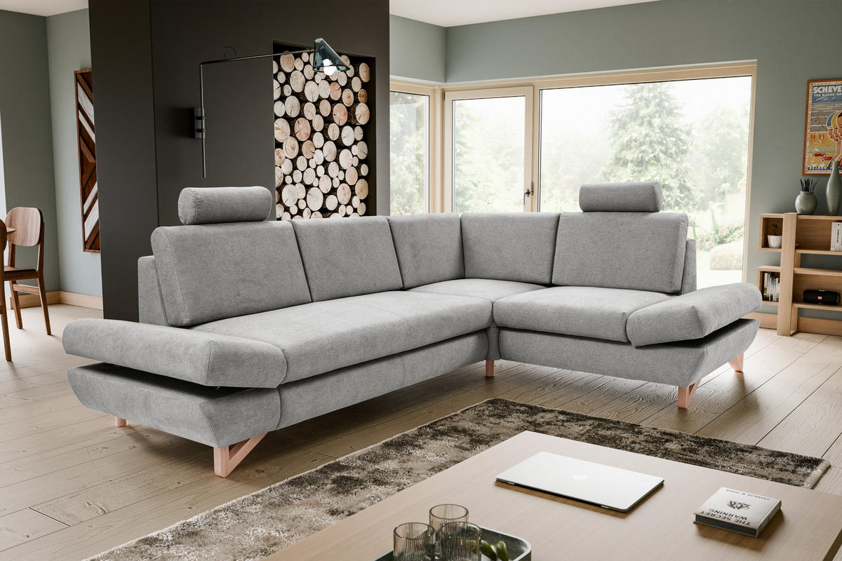 ECKSOFA CASA II R-S Grau Plüsch-Stoff mit Schlaffunktion - Grau, Holz (272/199cm) - MASSENO