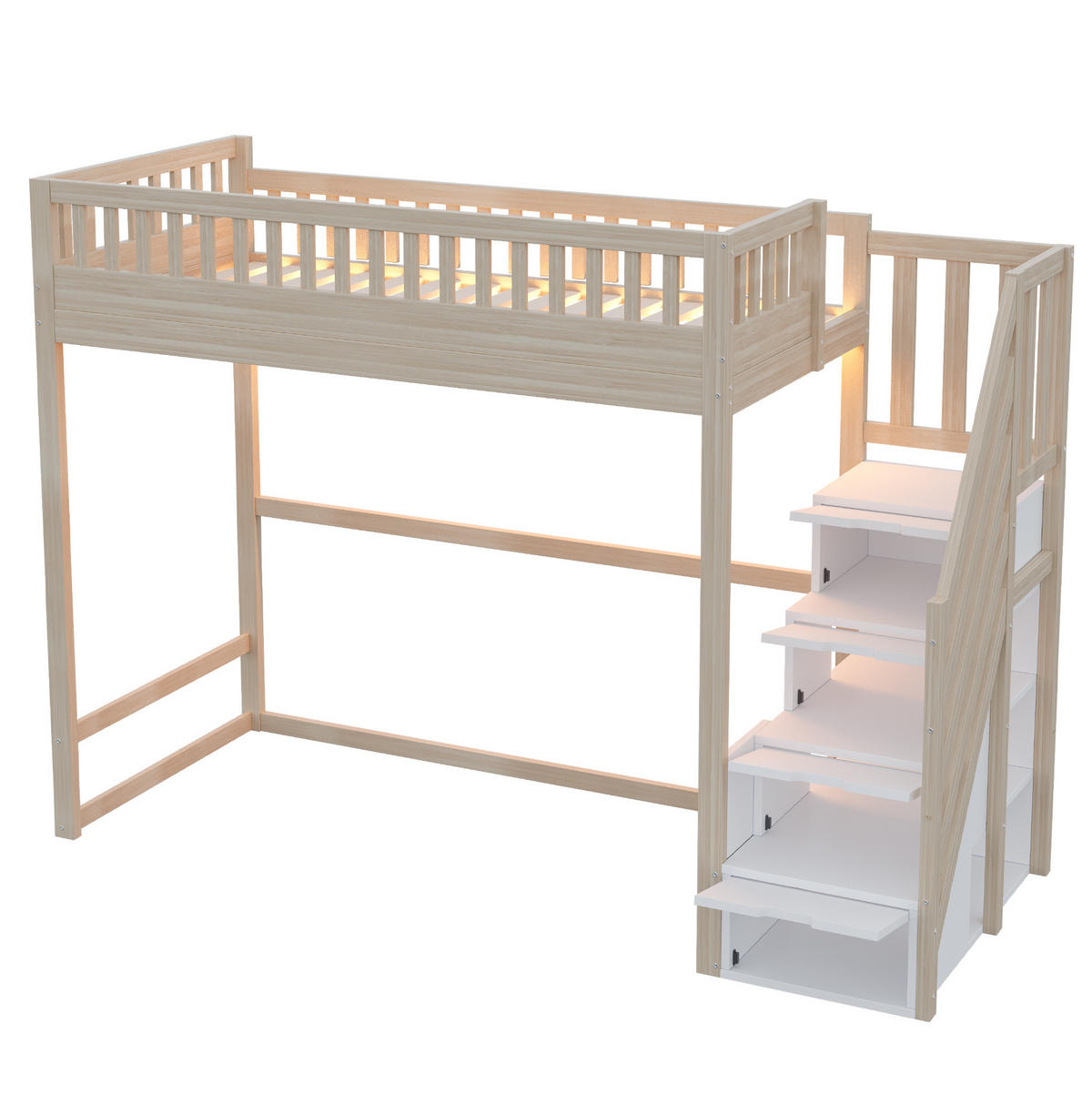HOCHBETT 90x200 cm in Holzfarbe mit Stauraumtreppe und LED-Beleuchtung - Naturfarben, Holz (90/200cm) - IVMEU