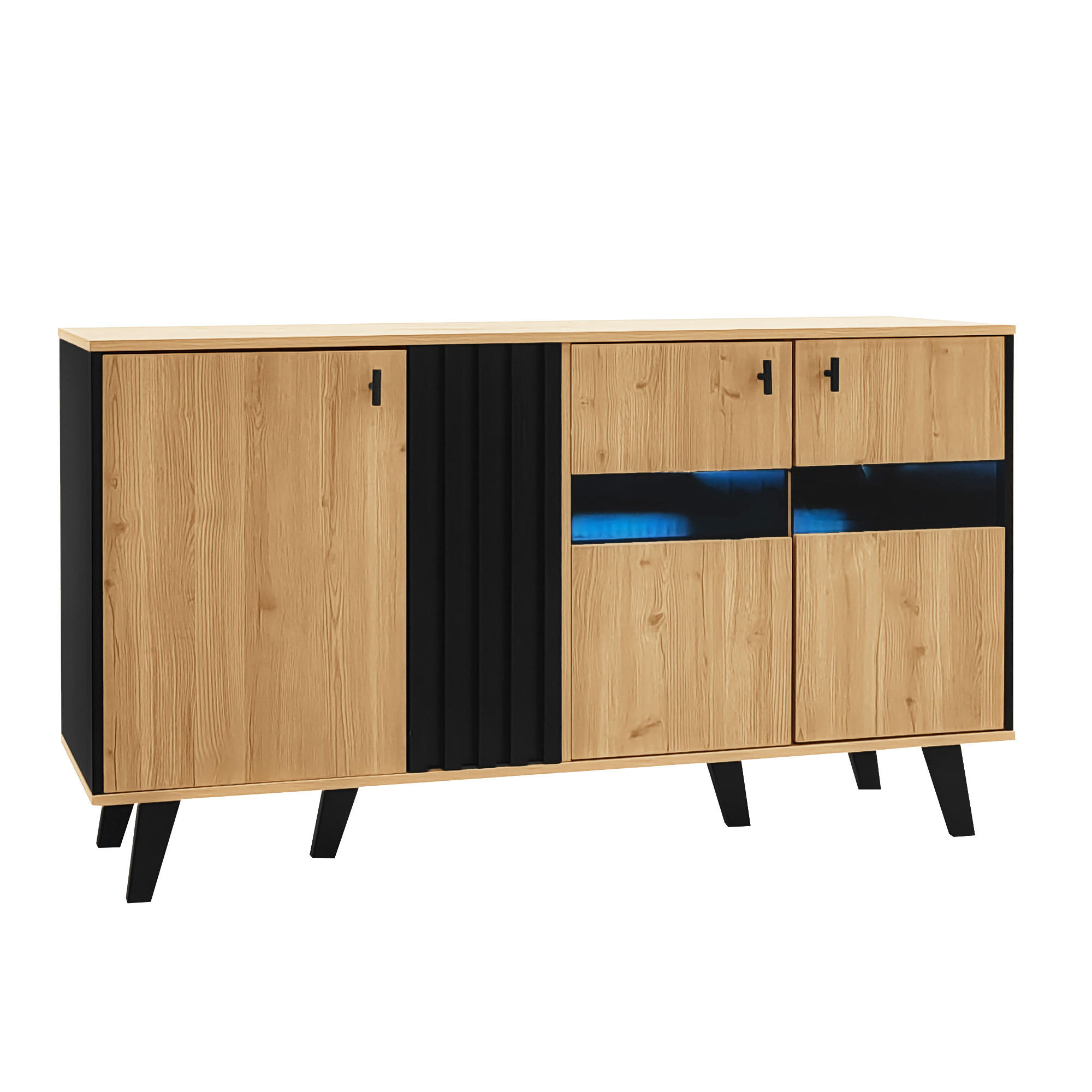 SIDEBOARD DE-38912 140/41/78,5 cm 3 Türen und LED-Beleuchtung Holz/Schwarz - Naturfarben, Holzwerkstoff (140/78.5/41cm) - ComfortXL