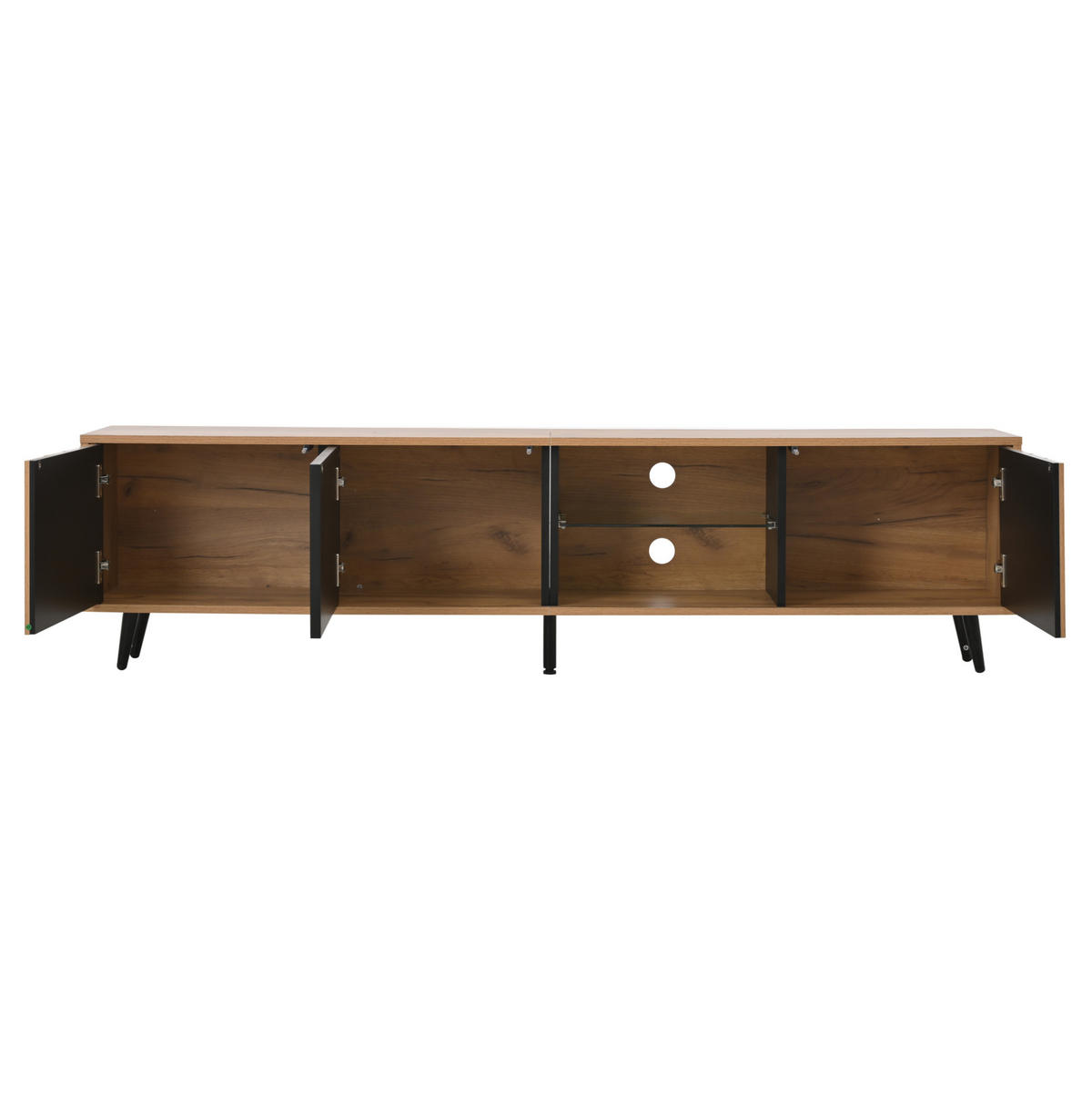 TV ormarić od iverice 175x31,5x45 cm prirodna boja i crna s 3 ormarića i kaljenim staklom za TV do 75 inča - svijetlo smeđa, drvni materijal (175/45/31.5cm) - Modfu