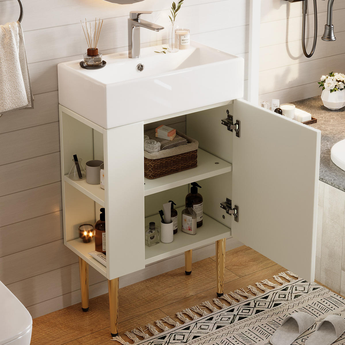 WASCHTISCHKOMBI 55x31x91.5cm in Weiß mit Hochglanz-Keramikbecken - Weiß, Holzwerkstoff (55/91.5/31cm) - Modfu