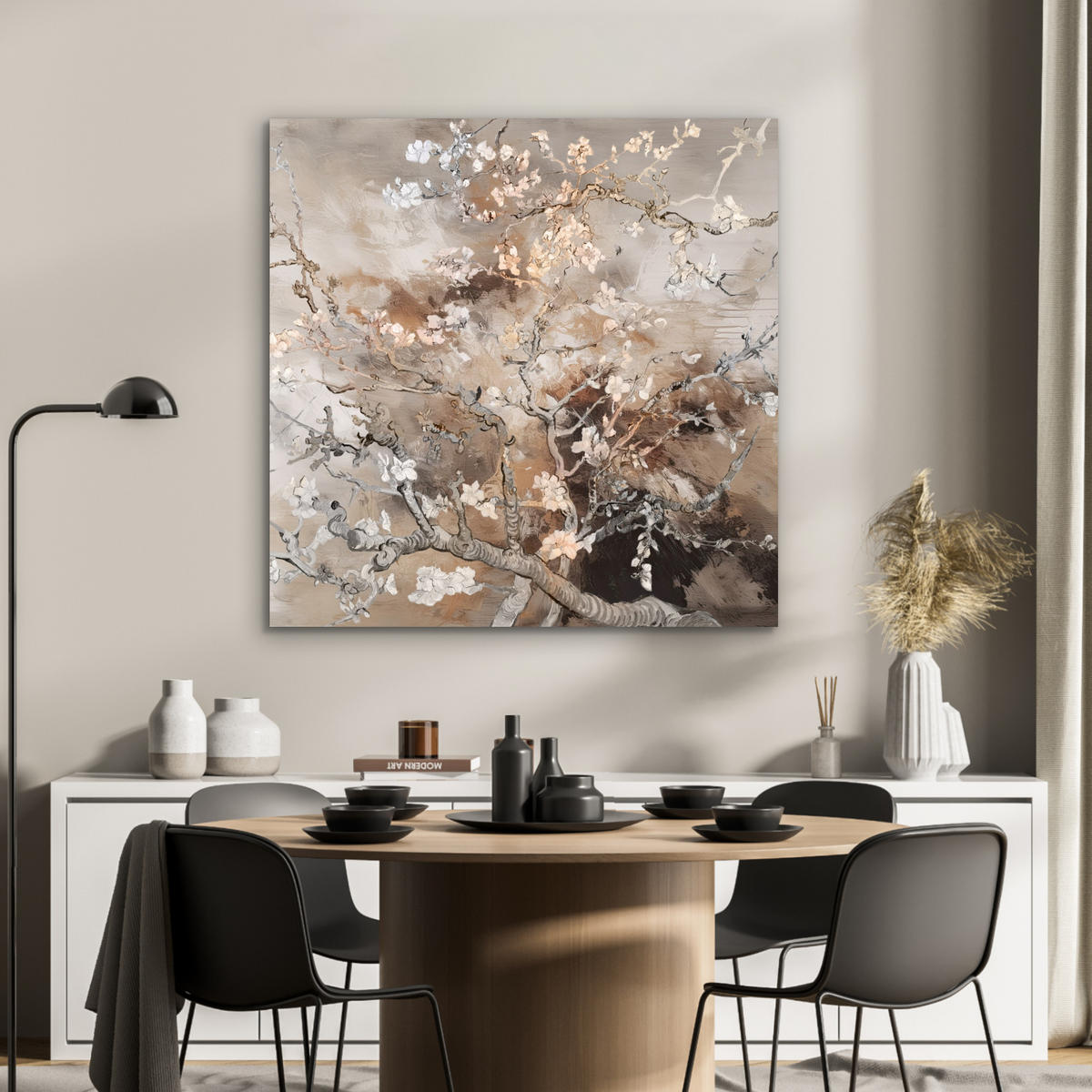 KOVOVÝ OBRAZ Mandľový kvet - Umenie - Van Gogh - Béžová - Abstraktné 90x90 cm - hnedá, kov (90/90cm) - MuchoWow