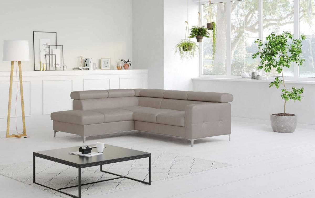 ECKSCHLAFSOFA aus Echtleder mit Schlaffunktion und Bettkasten - Chromfarben/Silberfarben, Leder/Holz (242/207cm) - Cotta