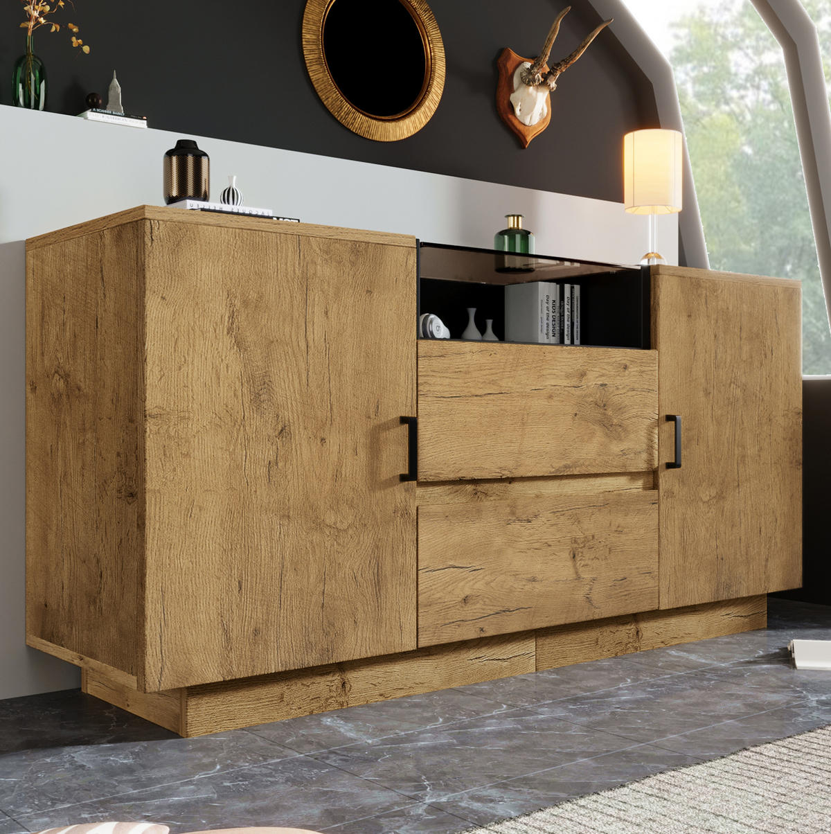SIDEBOARD 140/40/70 cm in Eiche mit 2 Schubladen, ESG-Glas und offenen Fächern - Eichefarben, Glas (140/70/40cm) - Flora Grace