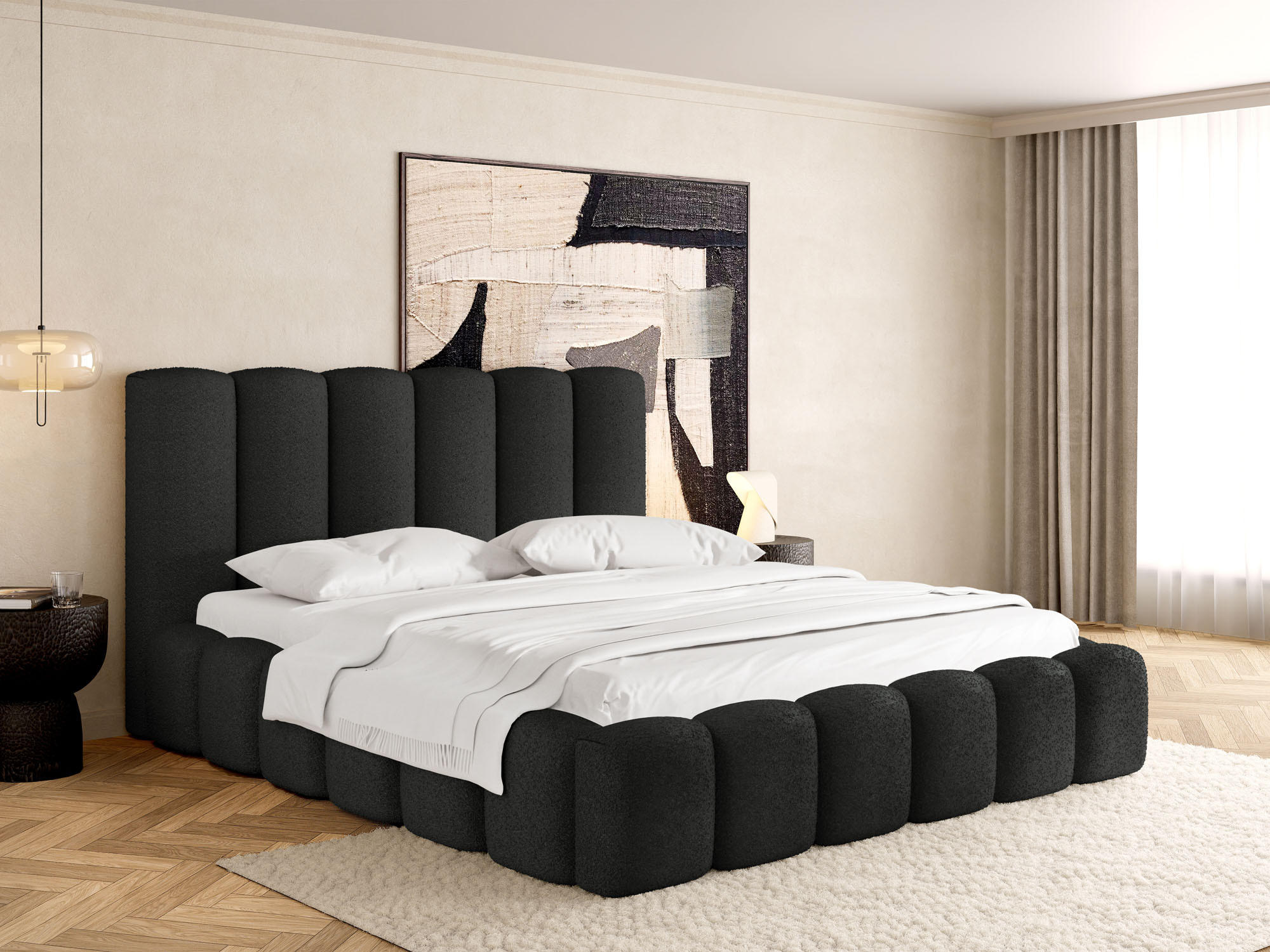 POLSTERBETT Serenity mit Bettkasten, Schwarz Boucle 120x200 cm - Birkefarben/Schwarz, Holz/Holzwerkstoff (120/200cm) - WFL GROUP